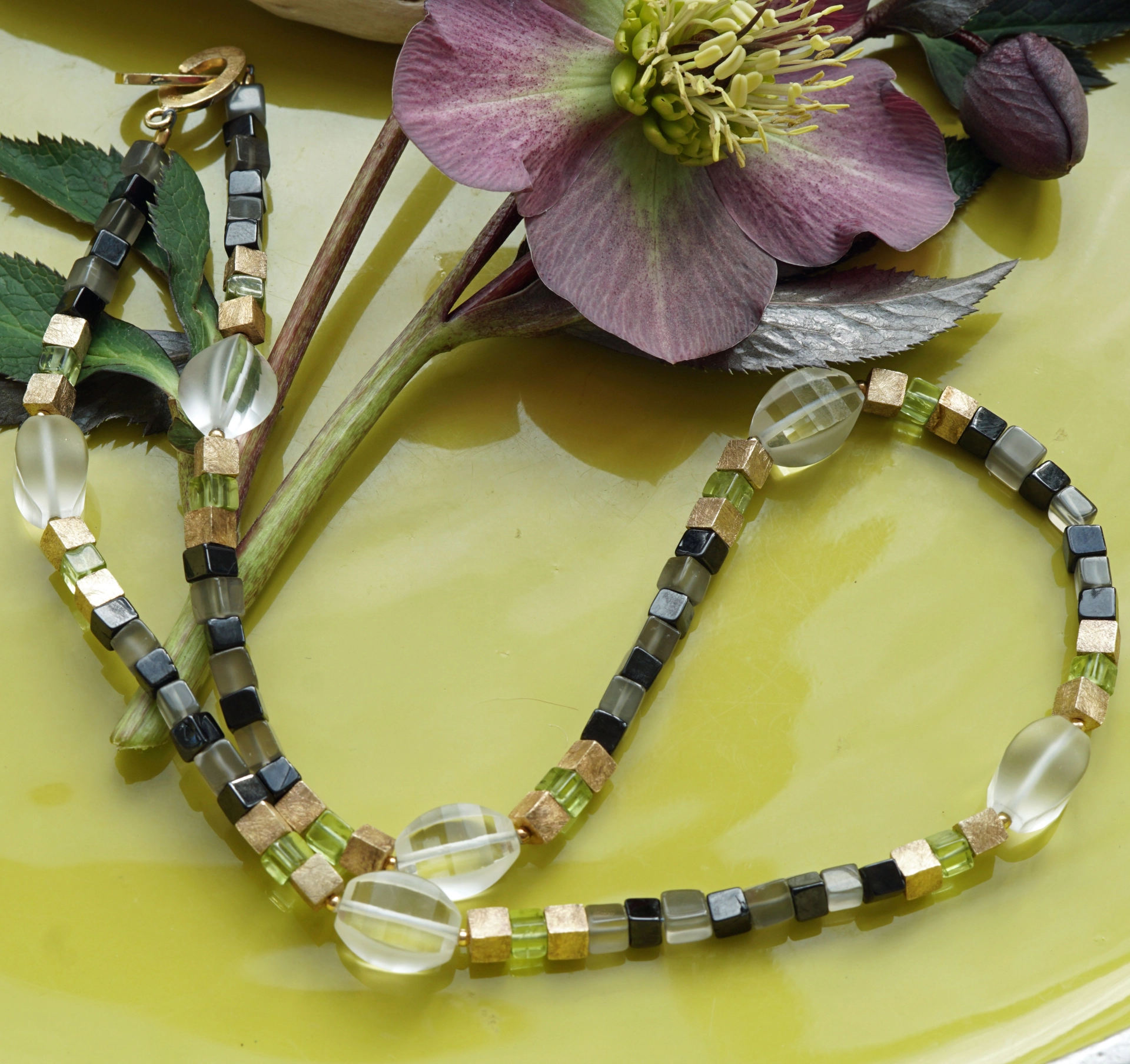 Peridot Rauchquarz Onxy Bergkristall Kette Silber vergoldet 45 cm lang