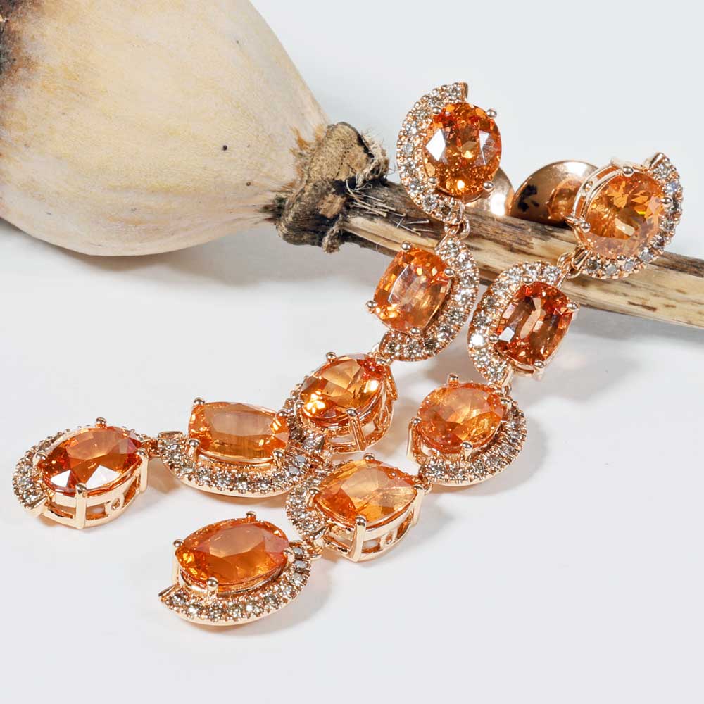 Fanta Mandarin Granat Brillant Chandelier Ohrhänger 750er Rosegold 14.85 ct 0.76 ct Ausnahmefarbe Fanta Orange