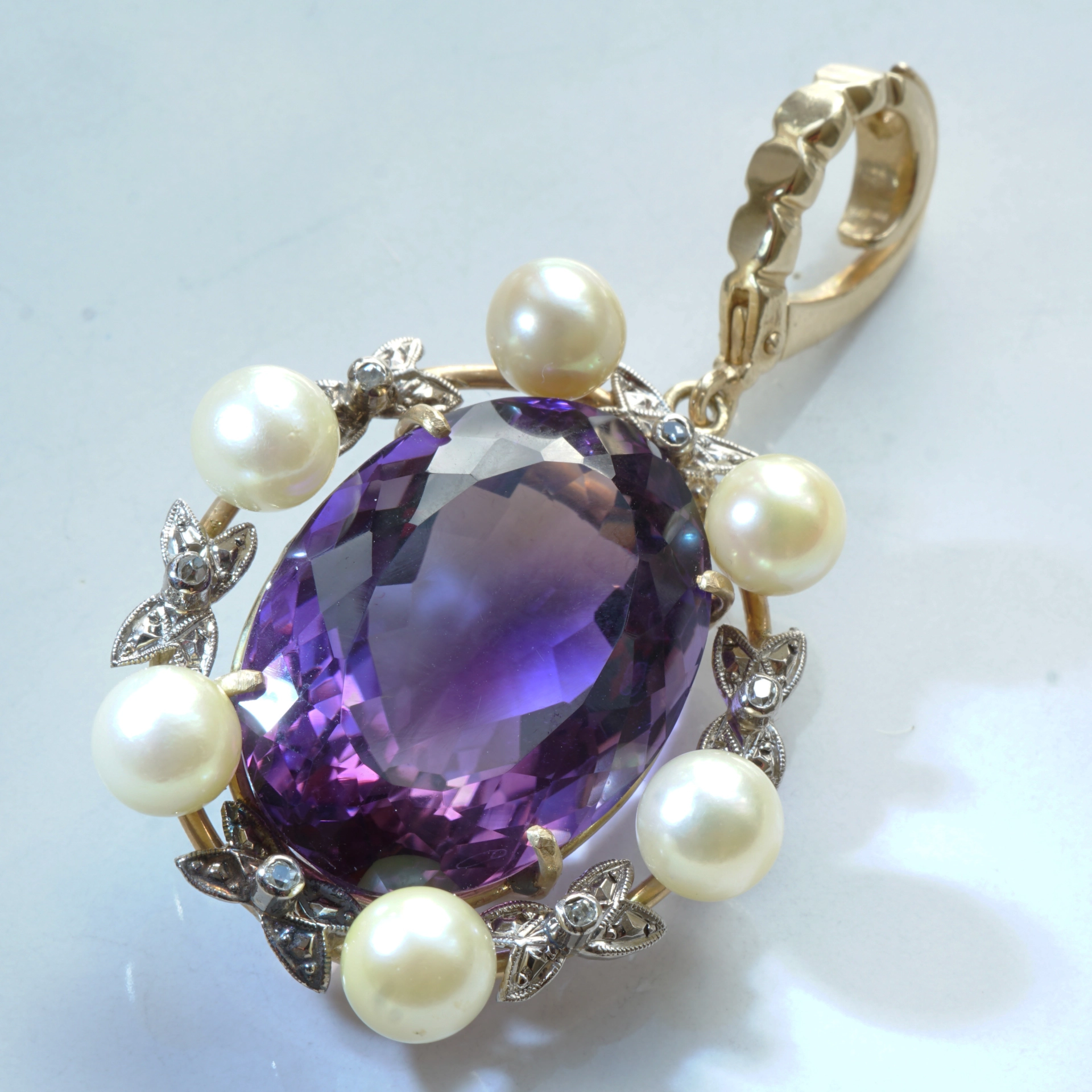 Akoya Zuchtperl Amethyst Diamant Anhänger Clip 585er Gelbgold Retro Stil TOP Amethyst