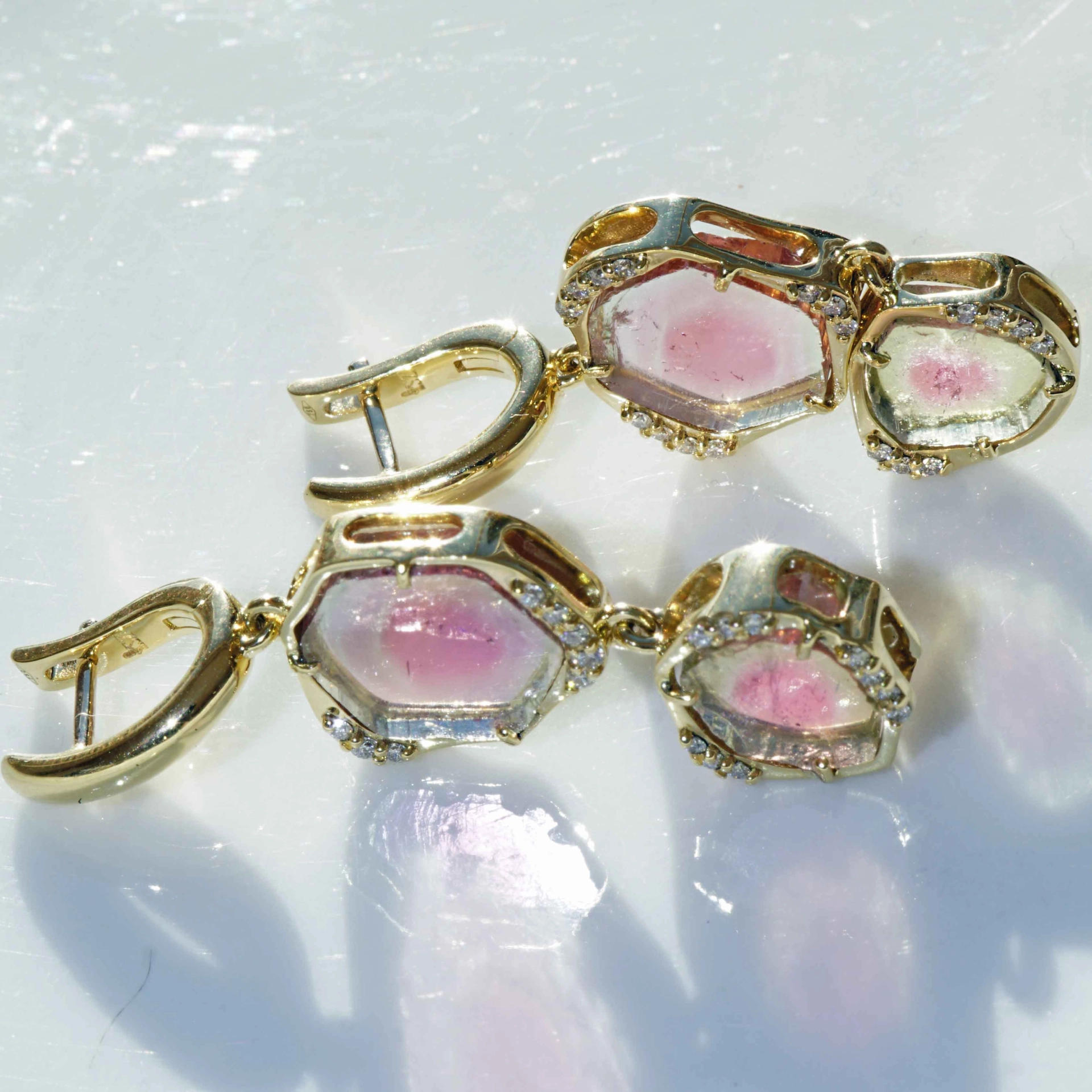 Turmalin Brillant 30 ct Wassermelonen Set Ring Anhänger Ohrhänger 750er Gelbgold