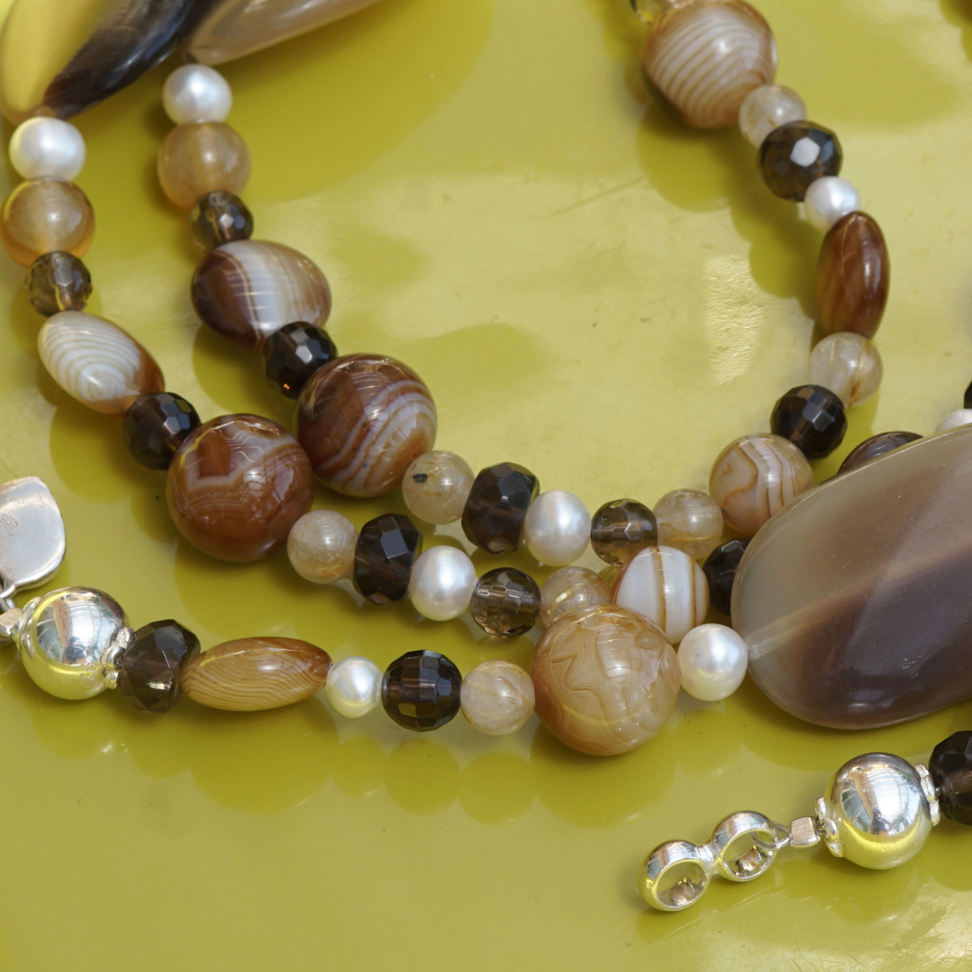 Chilango Kette Out of Nature Legends 100 925er Silber Horn Achat Perlen Rauchquarz Rutilquarz