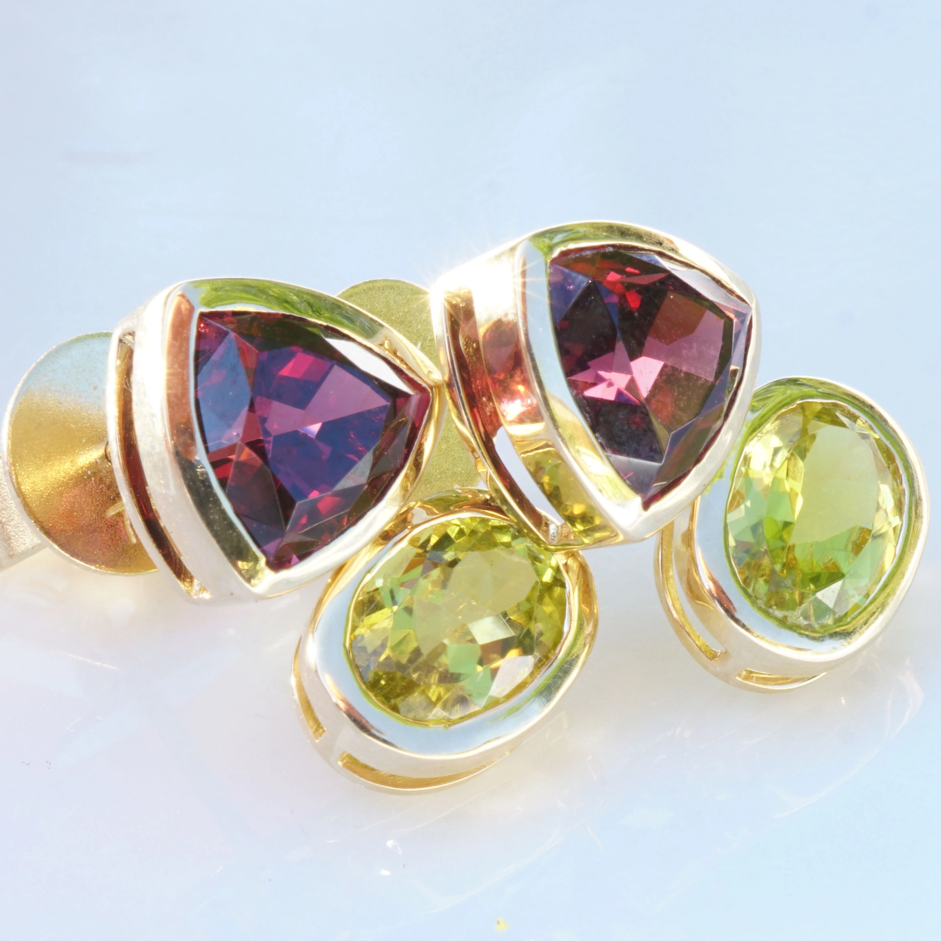 Canary Turmalin Rhodolith Ohrstecker 750er Gelbgold 3.41ct 1.52ct AAA+ Exotische Farben