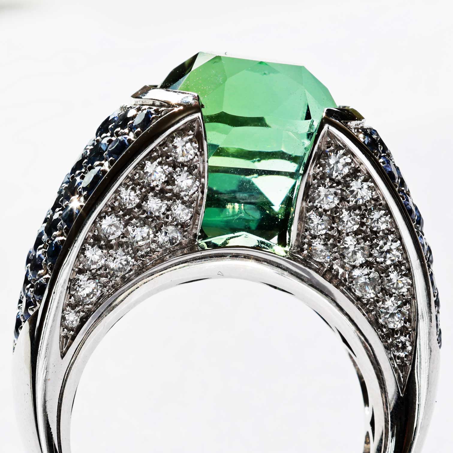 Lagoon Green Turmalin Saphir Brillant Ring 750er Weissgold Afghanistan 12.56 ct AAA+