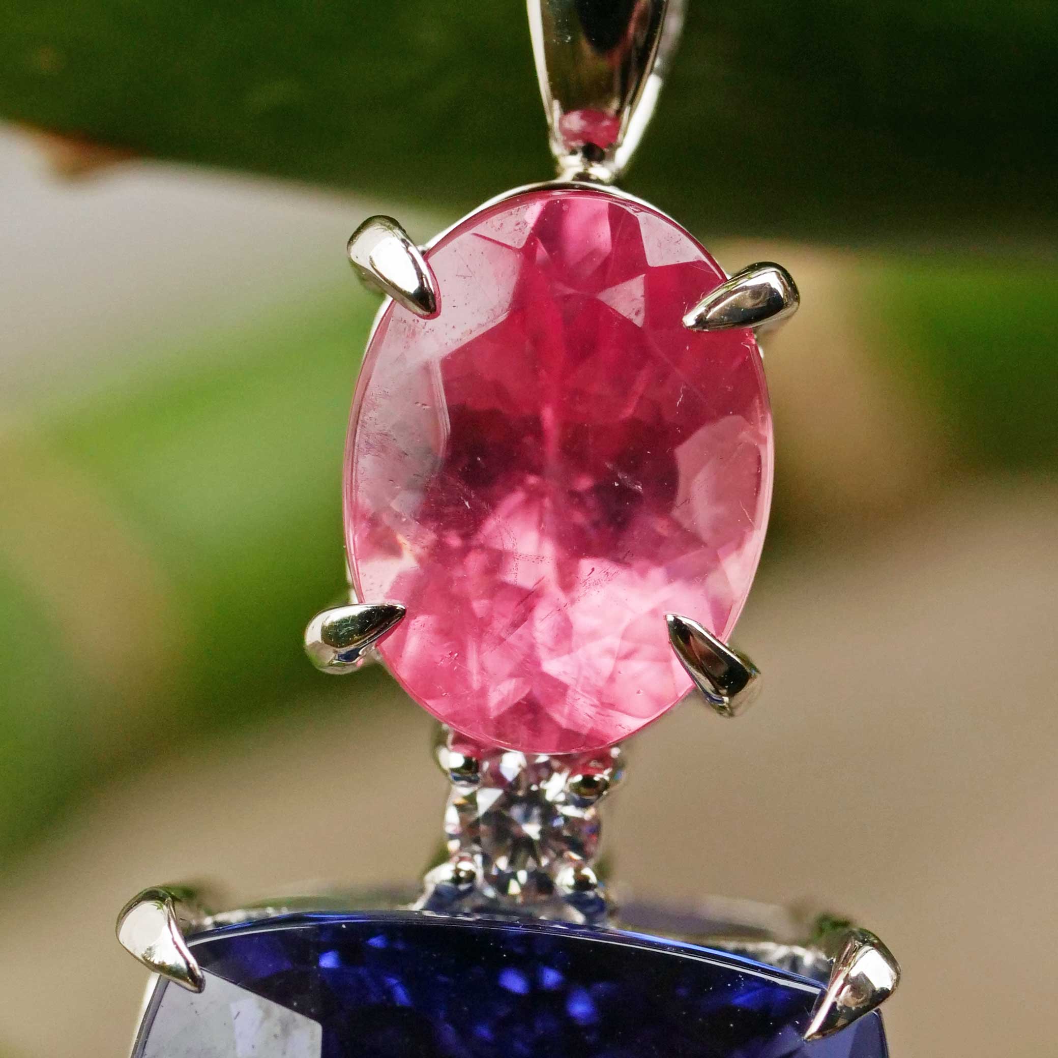 FARBENWUNDER Tansanit Rhodochrosit Anhänger m. Kette 10.6 und 1.84 ct AAA+ 900er Platin