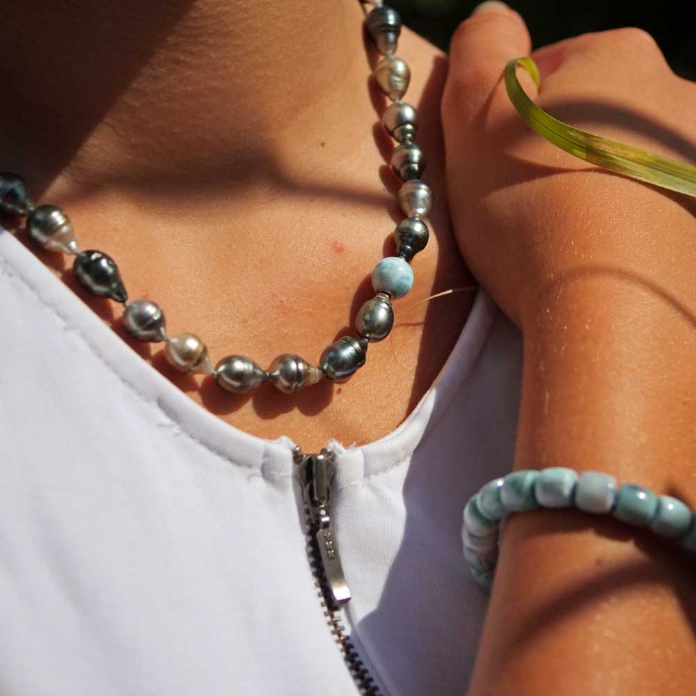 Larimar Tahiti Zuchtperl Collier 8-11  mm barocke schöne Qualität mit intensiven Lüster unbehandelt 46,50 cm lang