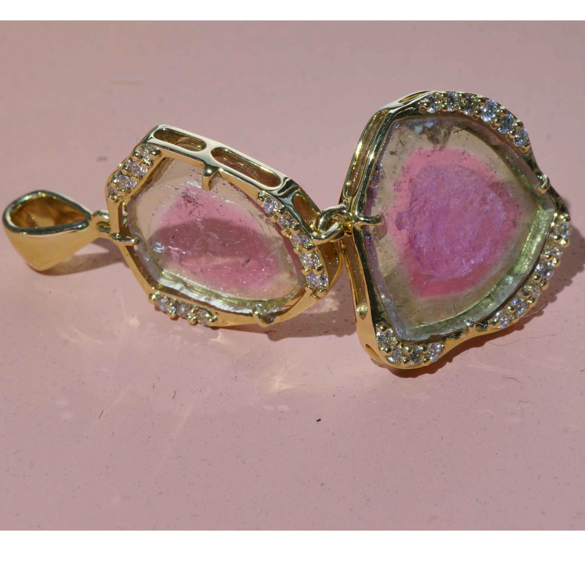 Turmalin Brillant 30 ct Wassermelonen Set Ring Anhänger Ohrhänger 750er Gelbgold