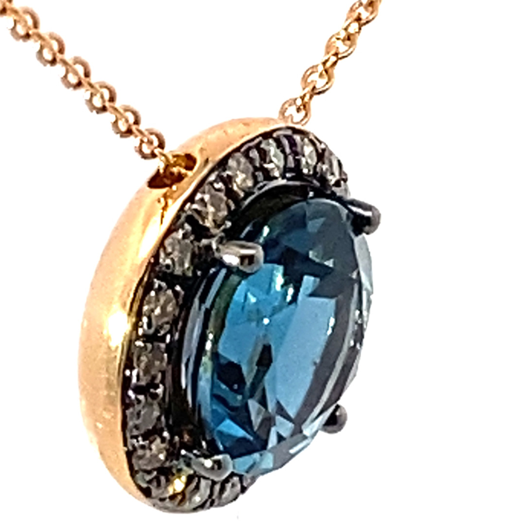 Blautopas Brillant Anhänger mit Kette 750er Rosegold schwarz rhodiniert 3.16 ct 0.21 ct STAHLGRAU BLAU COOL 