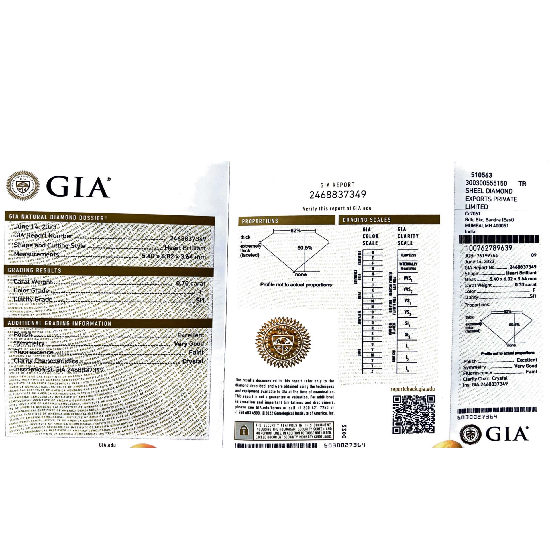 Anhänger mit Brillant HERZ 0.70 ct F SI1 5.40-6.02x3.66 mm GIA Gutachten 750er Weissgold