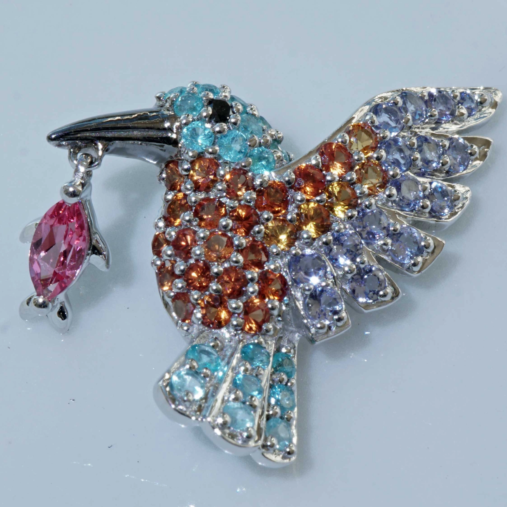 Eisvogel Anhänger 750er Weissgold Paraiba Turmalin Spinell ...der frühe Vogel fängt den Fisch