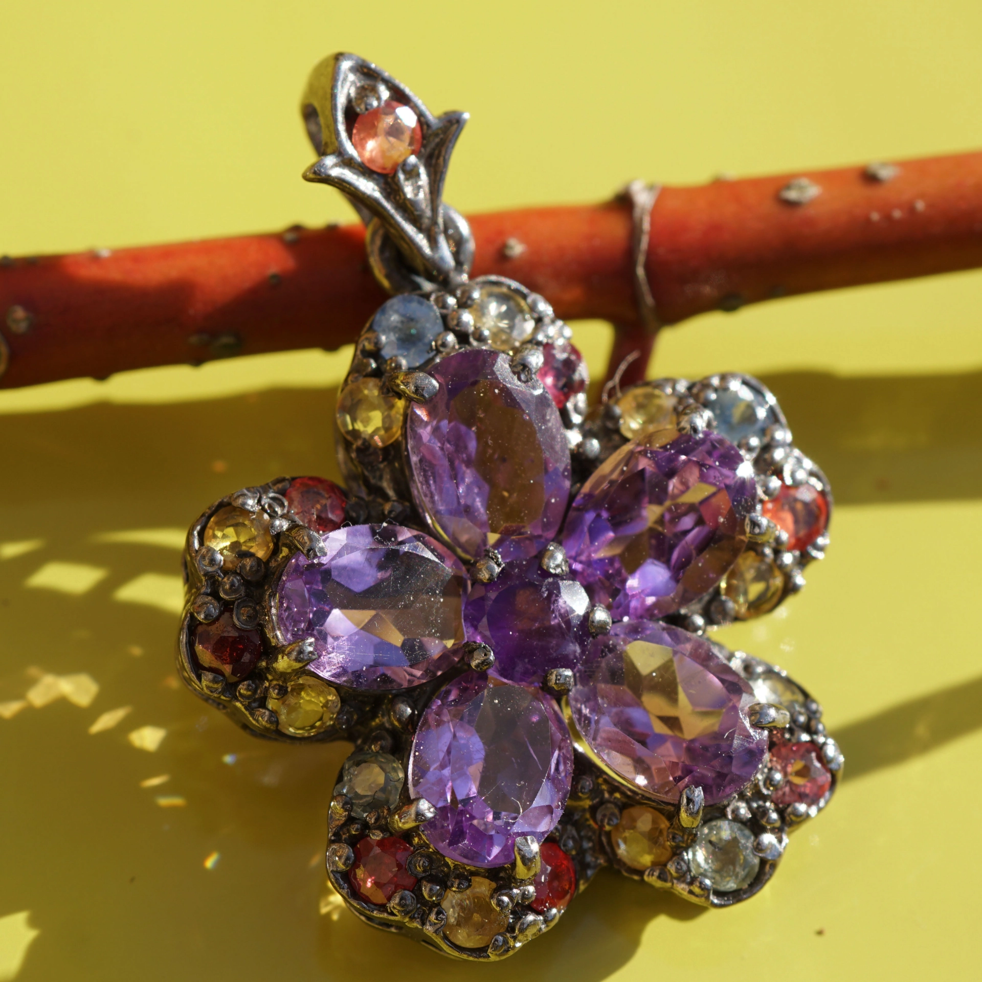 Edelstein Anhänger 925er Silber bunt in Blütenform Amethyst, Turmalin, ....