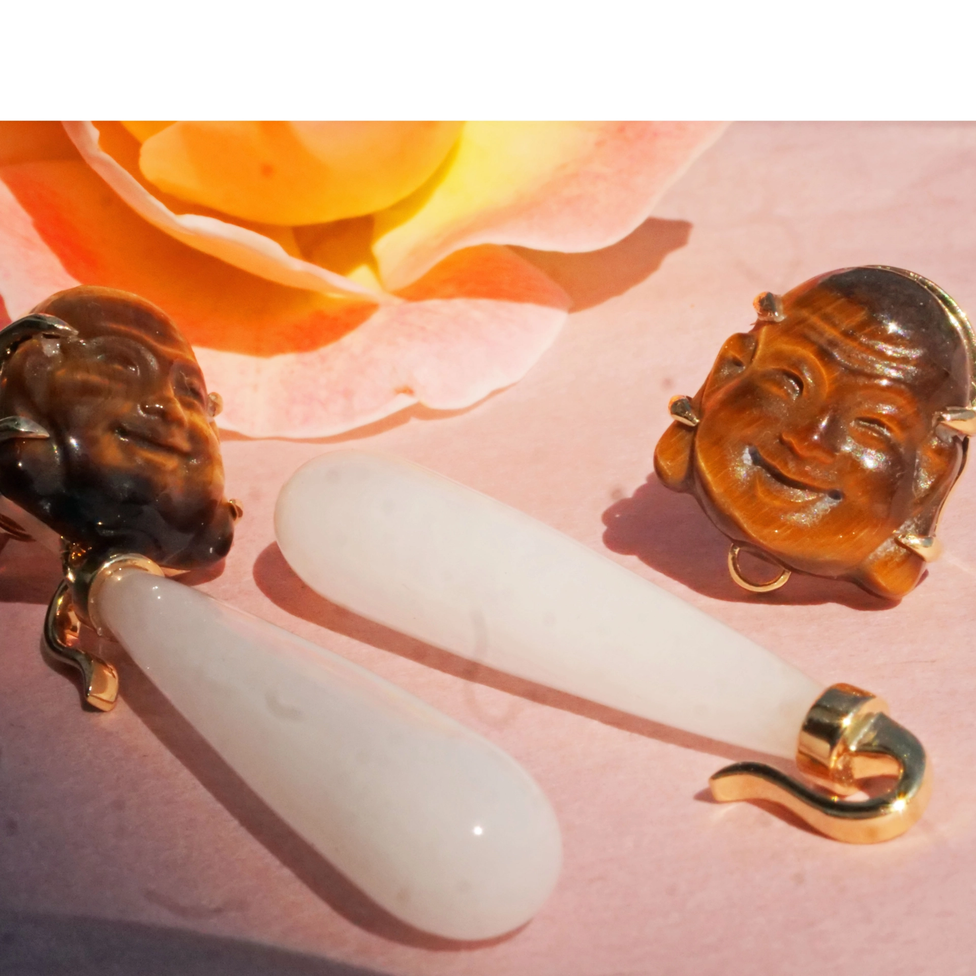 Tigerauge Budda Cacholong Ohrhänger 750er Gelbgold...bringen Glück und schauen klasse aus