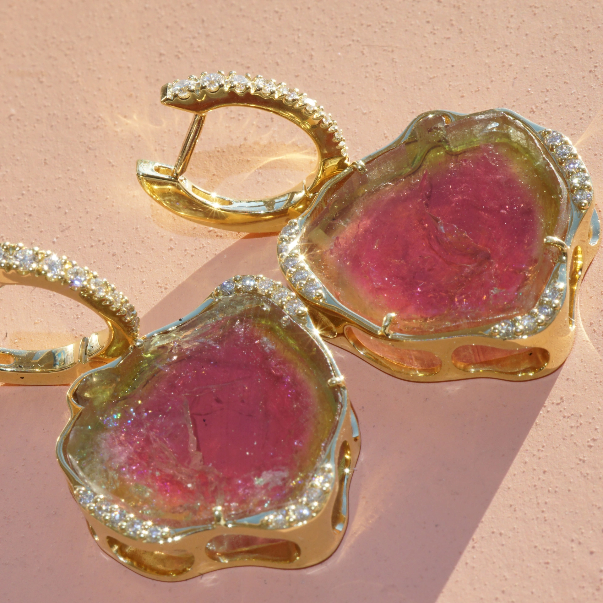 Wassermelonen Turmalin Brillant Ohrhänger 750er Gelbgold 31.97 ct 0.45 ct....Wunder der Natur