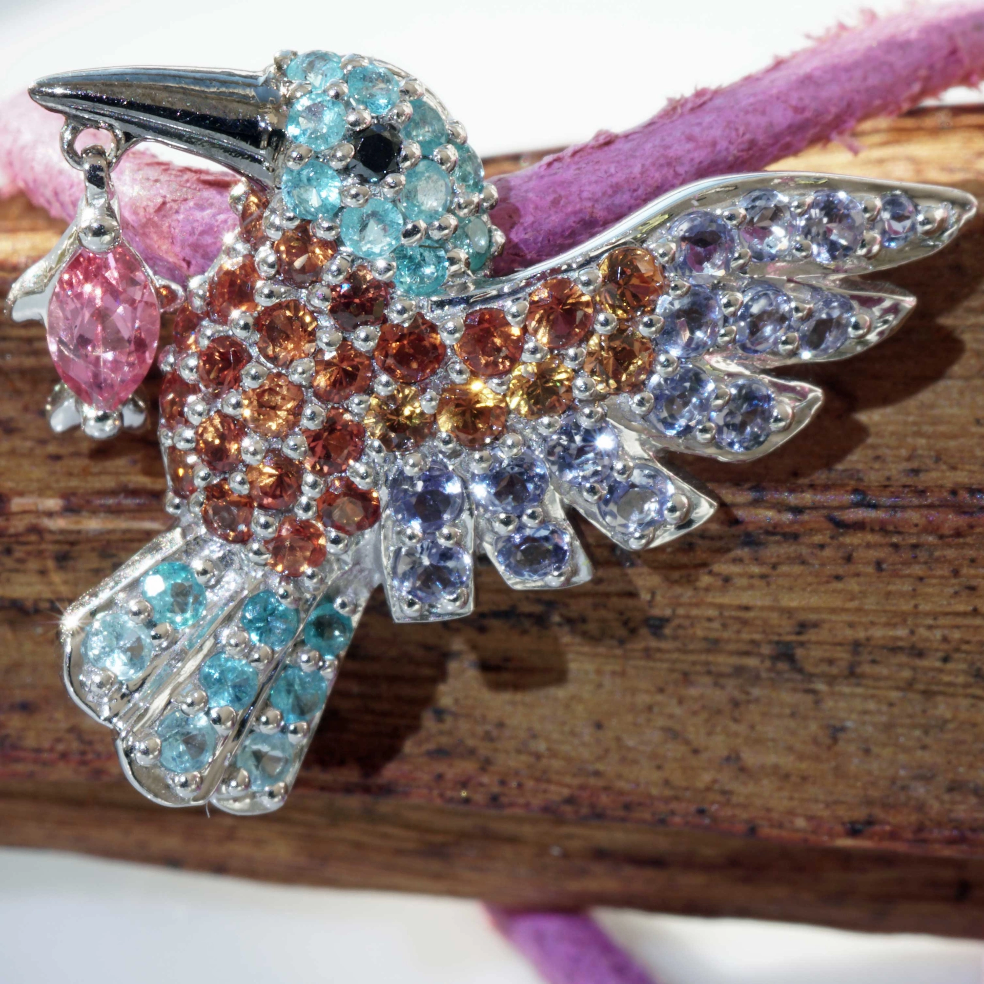 Eisvogel Anhänger 750er Weissgold Paraiba Turmalin Spinell ...der frühe Vogel fängt den Fisch