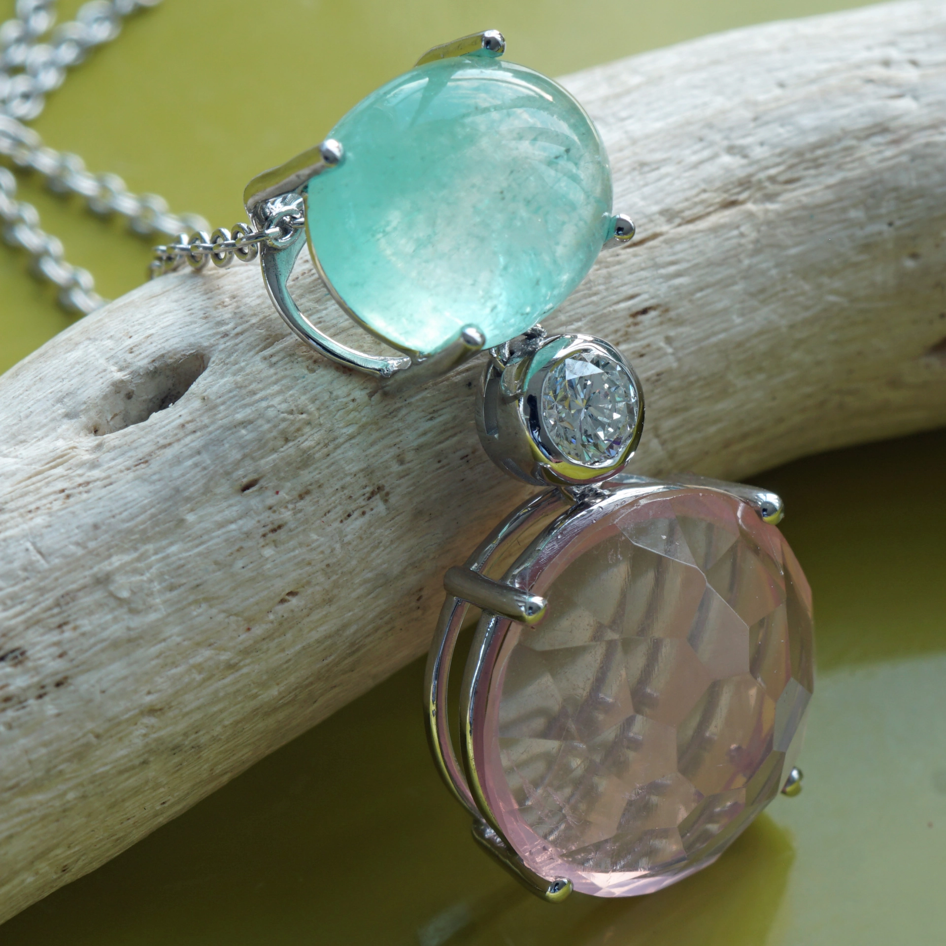 Smaragd Rosenquarz Brillant Anhänger mit Kette 750er Weissgold ...romantic story