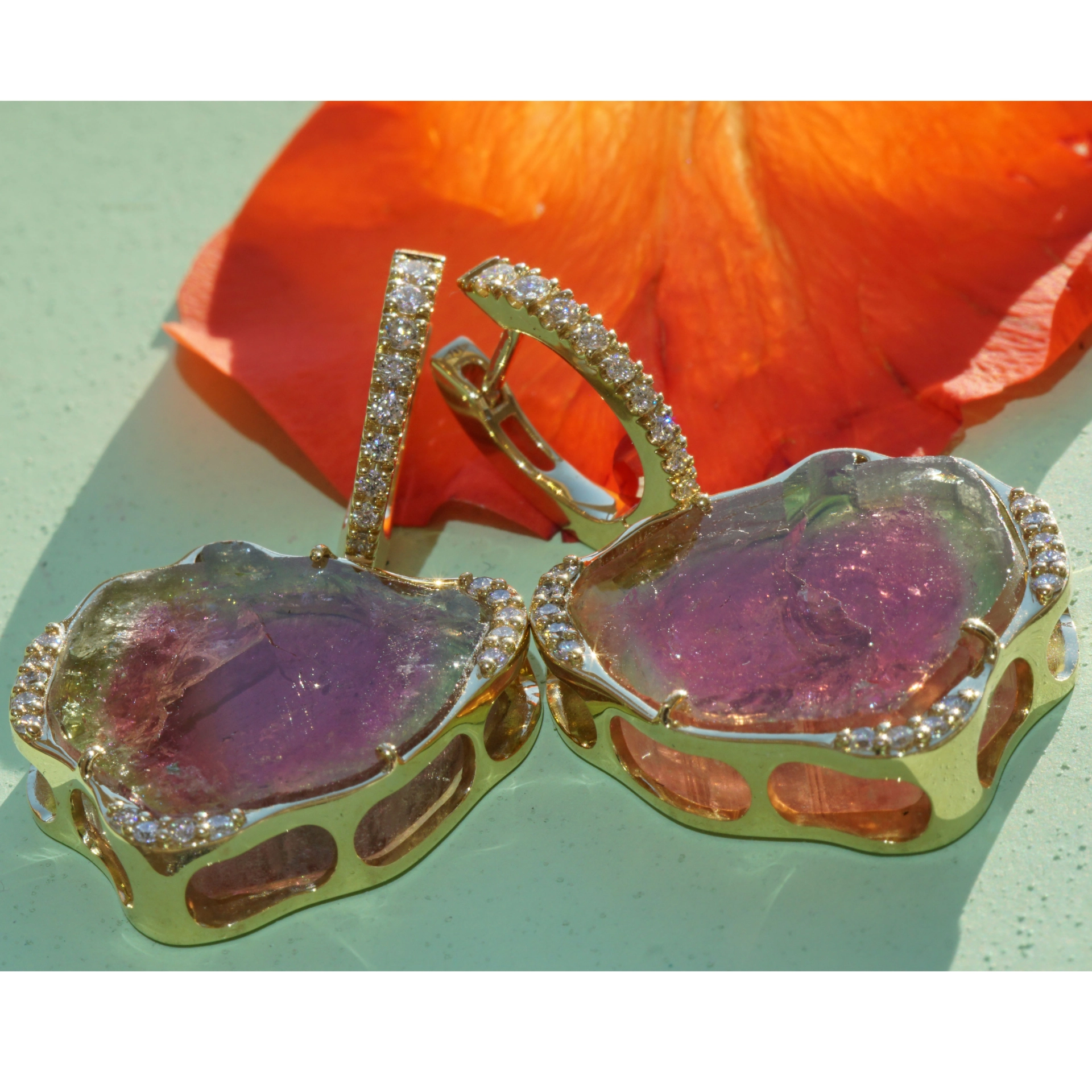 Wassermelonen Turmalin Brillant Ohrhänger 750er Gelbgold 31.97 ct 0.45 ct....Wunder der Natur
