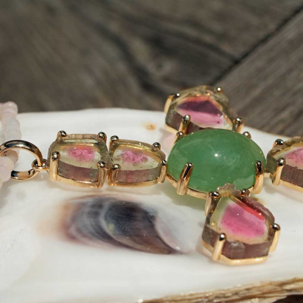 Anhänger Kreuz Wassermelonen Turmalin Jade 585er Gelbgold 10.20 ct 15.29 ct mit Kurzgutachten