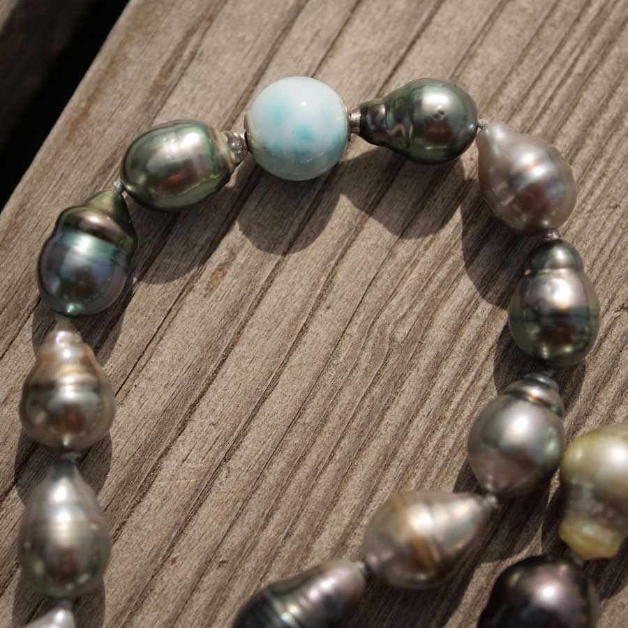Larimar Tahiti Zuchtperl Collier 8-11  mm barocke schöne Qualität mit intensiven Lüster unbehandelt 46,50 cm lang
