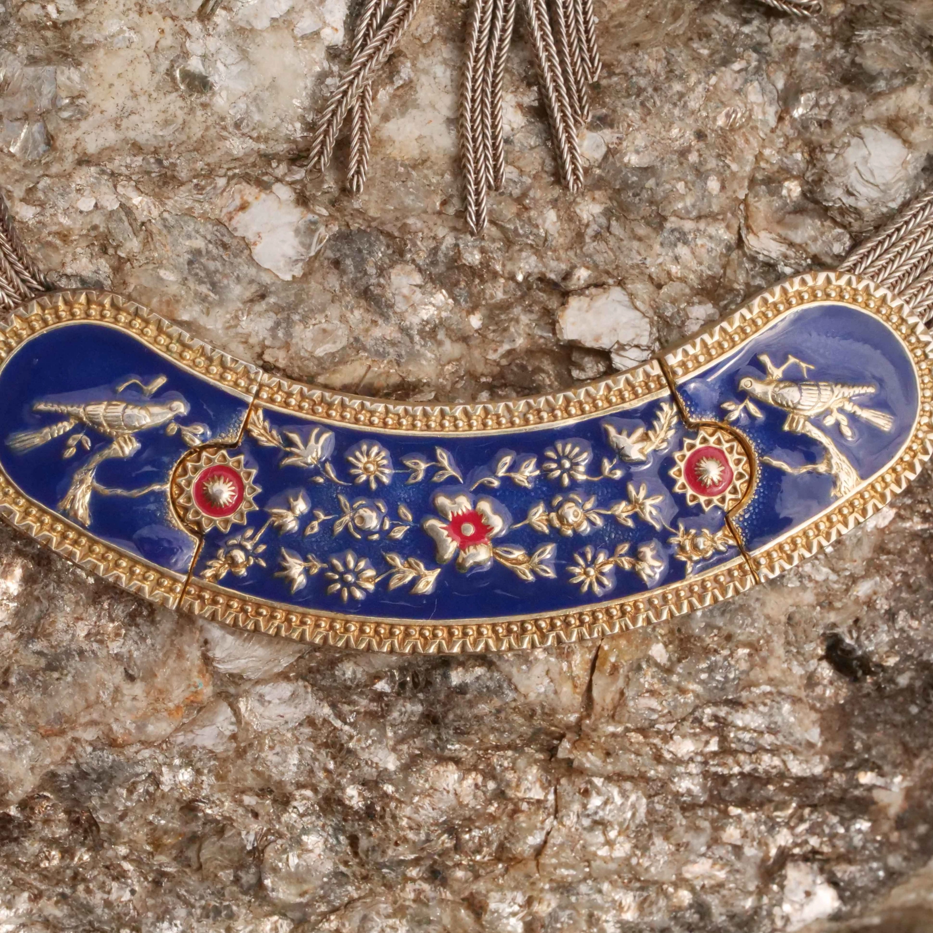 Florales Silber Emaille Collier mit passenden Ohrhängern...sehr dekorativ mit kleinen Vögelchen