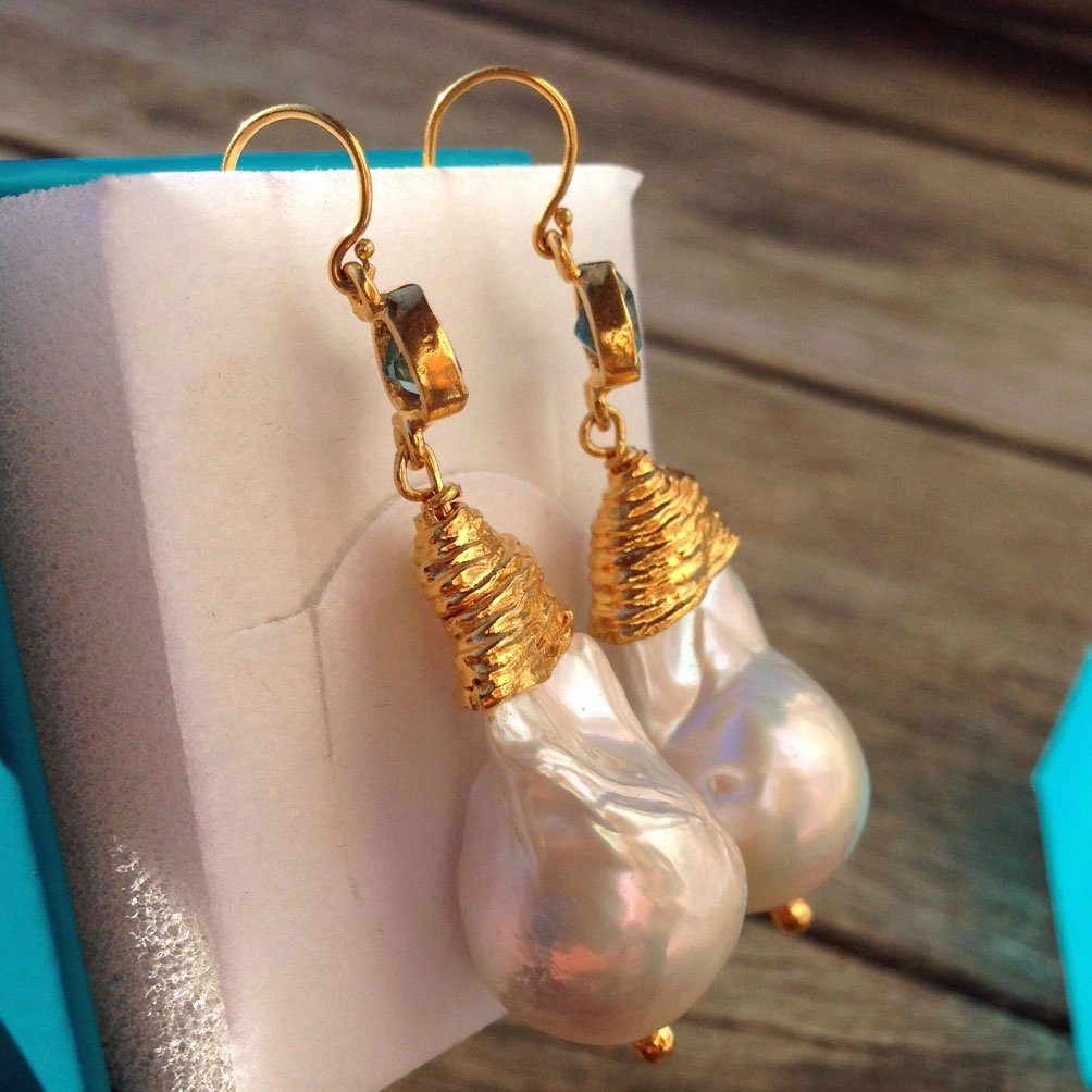 Perl Topas Ohrhänger Silber vergoldet Handarbeit great big