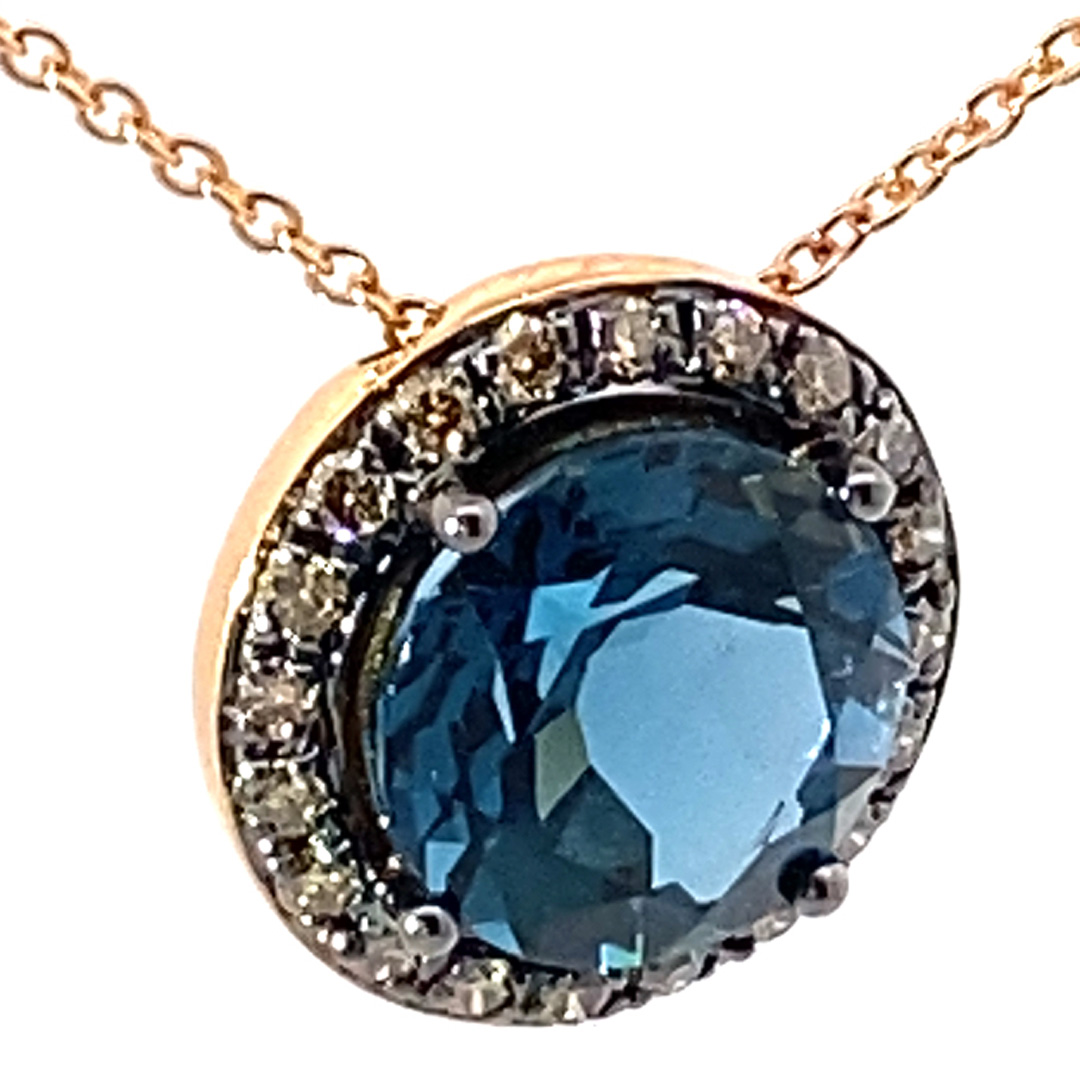 Blautopas Brillant Anhänger mit Kette 750er Rosegold schwarz rhodiniert 3.16 ct 0.21 ct STAHLGRAU BLAU COOL 