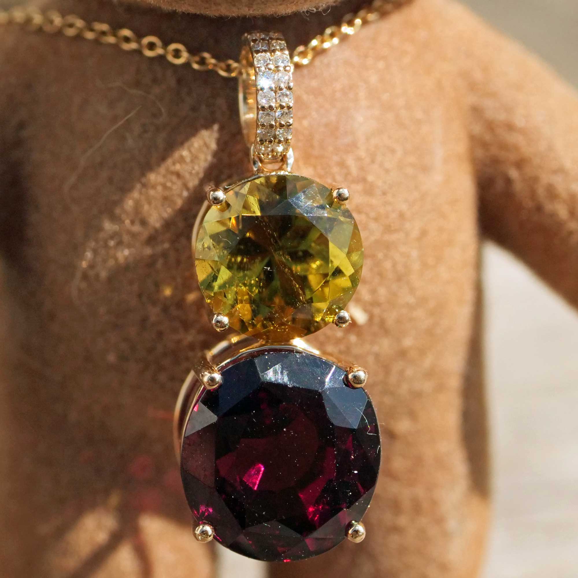 Canaryturmalin Rhodolith Brillant Anhänger 585er Gelbgold gelb rot ....farbengewaltiges Granat Turmalin Duett