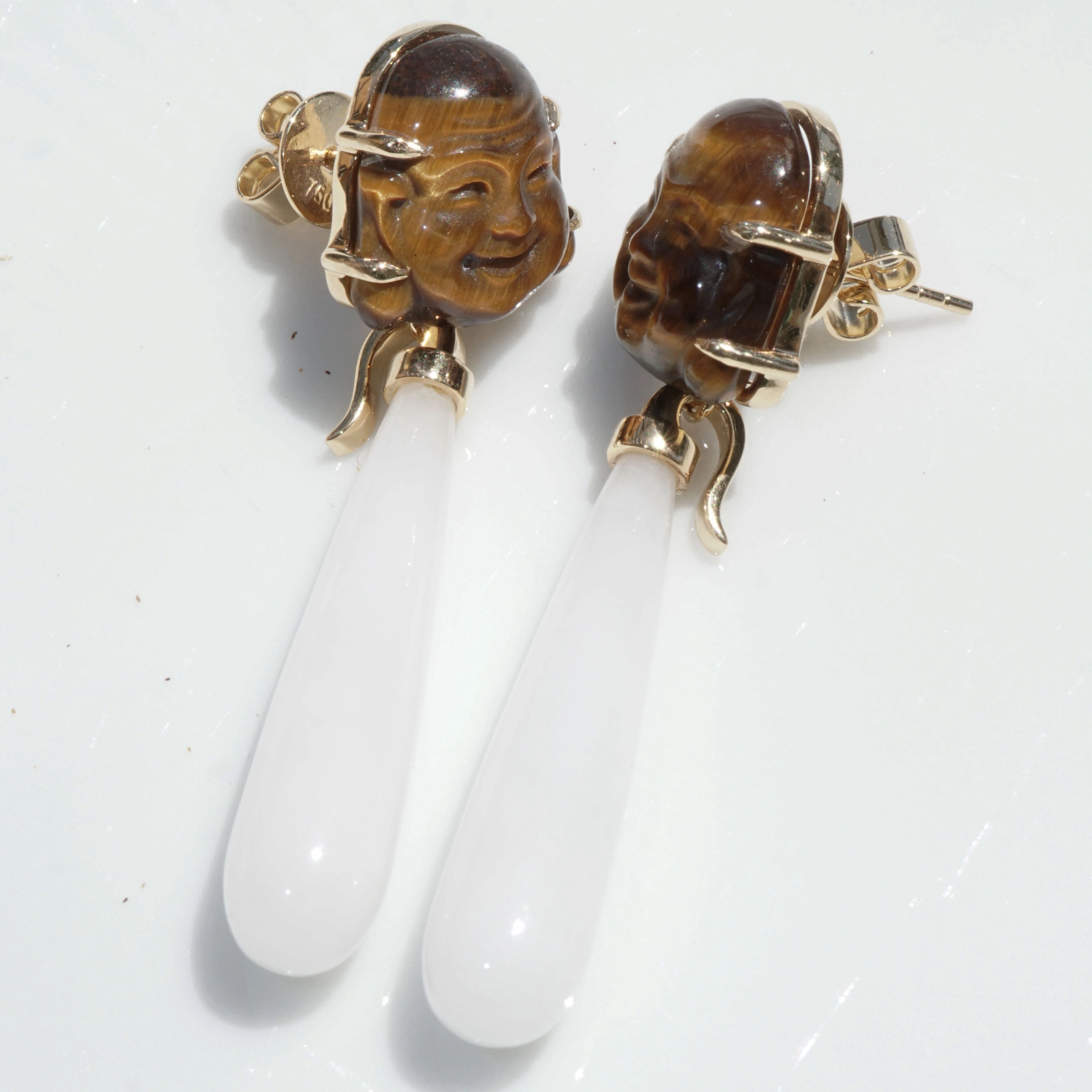 Tigerauge Budda Cacholong Ohrhänger 750er Gelbgold...bringen Glück und schauen klasse aus