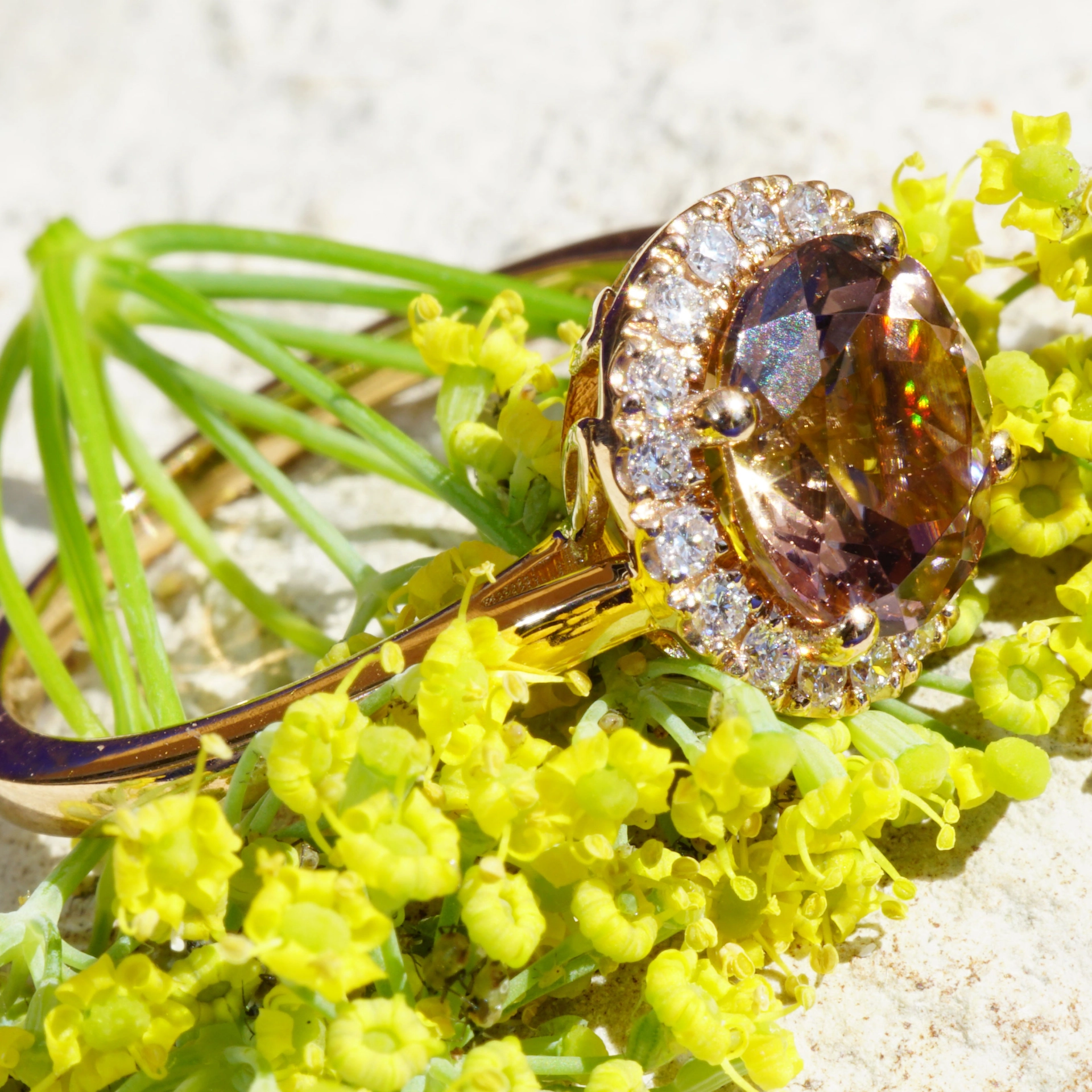 Turmalin Brillant Ring 750er Rosegold 1.90 0.18 ct designed in Valenza rose-cognac AAA