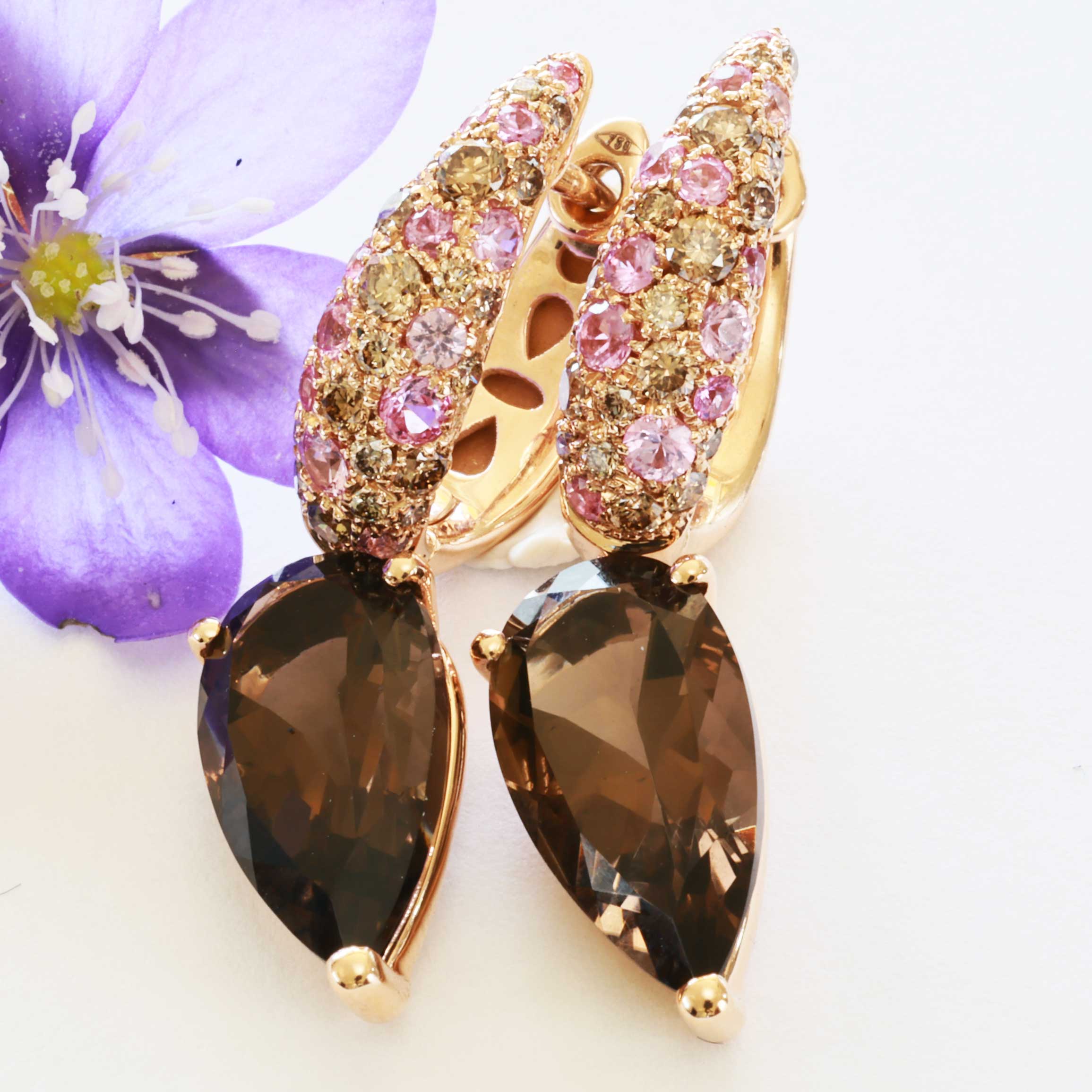 Saphir Rauchquarz Brillant Ohrhänger 750er Rosegold...edle Kombination.. in rosa und mocca 6 ct 0.51 ct 
