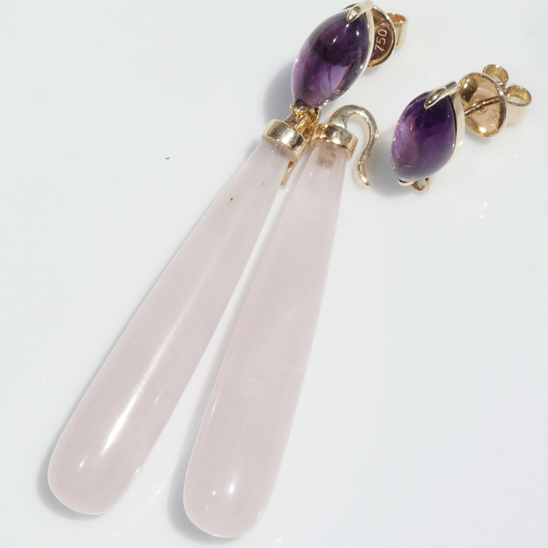 Rosenquarz Amethyst Ohrhänger 750er Gelbgold...pink-violette Versuchung...aushängbare Pampel