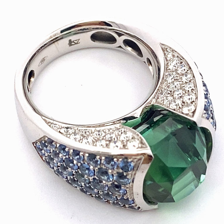 Lagoon Green Turmalin Saphir Brillant Ring 750er Weissgold Afghanistan 12.56 ct AAA+
