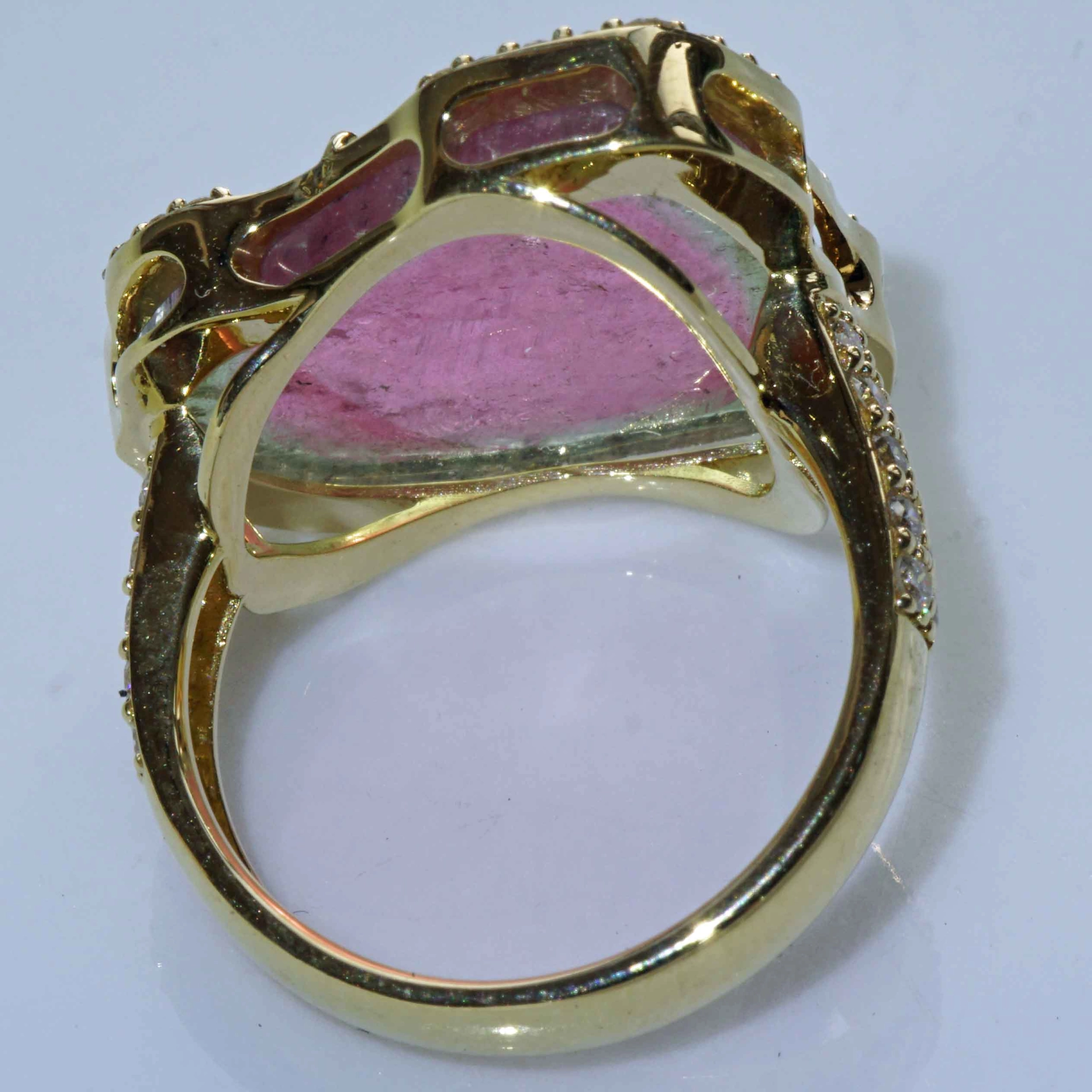 Turmalin Brillant 30 ct Wassermelonen Set Ring Anhänger Ohrhänger 750er Gelbgold