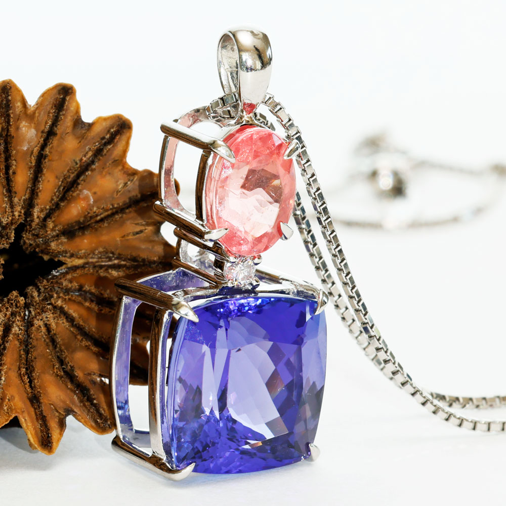 FARBENWUNDER Tansanit Rhodochrosit Anhänger m. Kette 10.6 und 1.84 ct AAA+ 900er Platin
