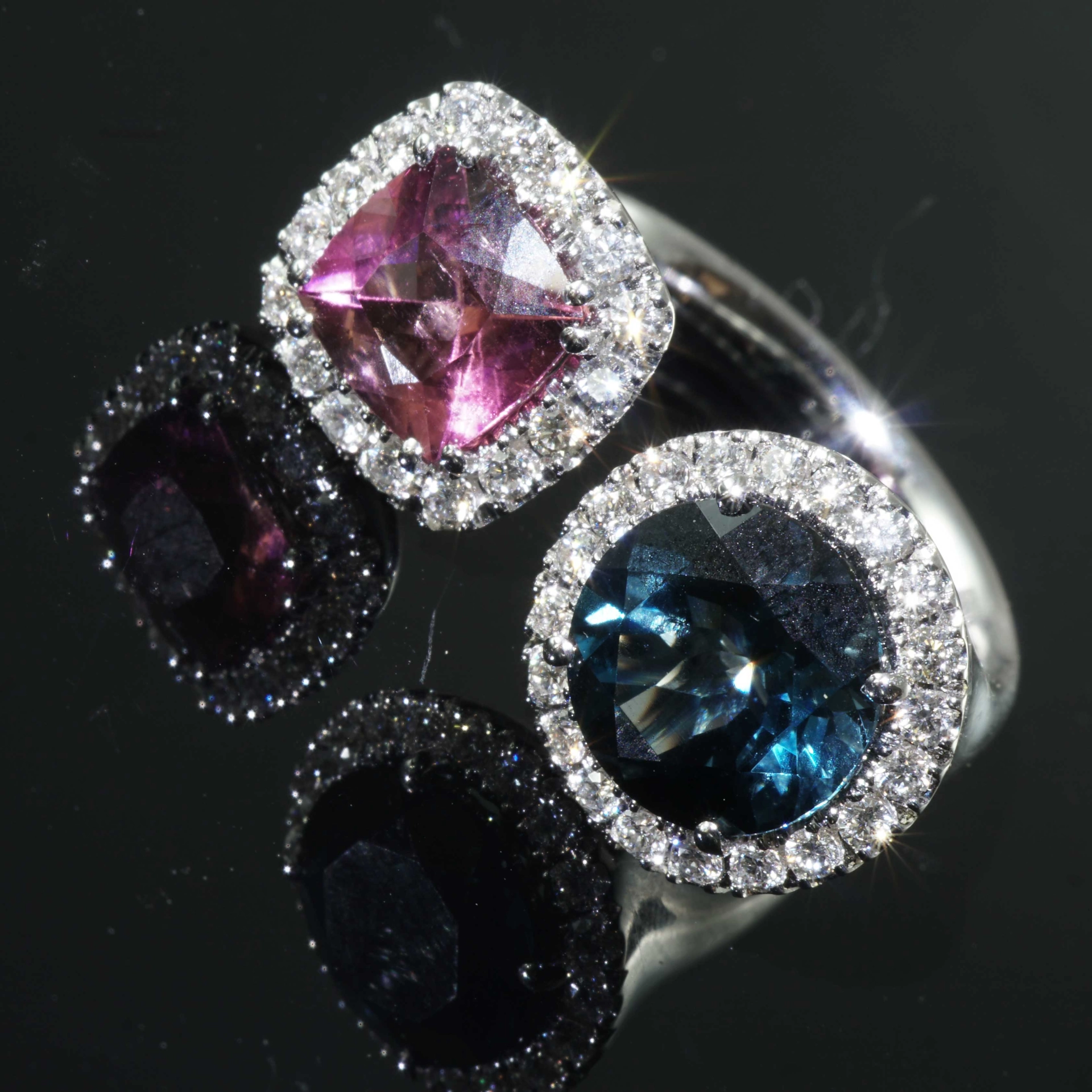 Rosa Turmalin Blautopas Brillant Ring 750er Weissgold 1.41 ct 3.38 ct 0.56 ct...Zwillingsring