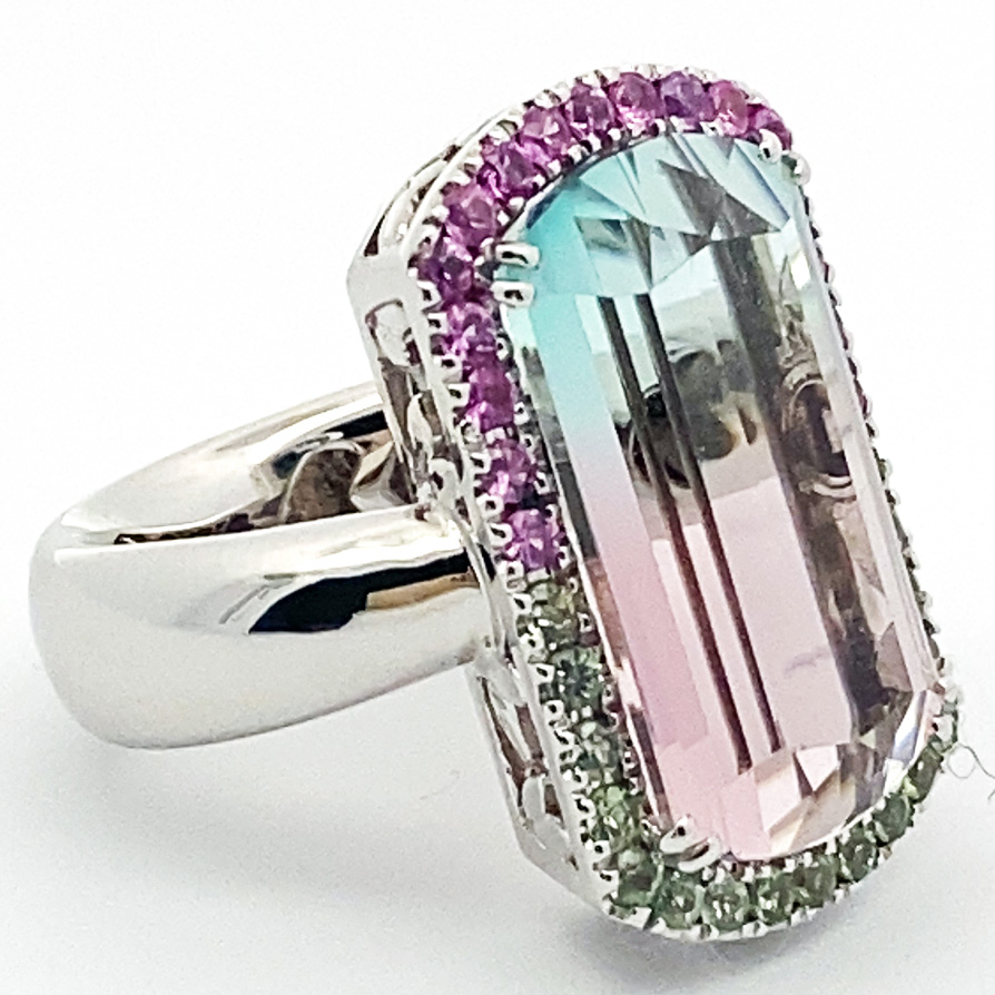 Turmalin Saphir Ring BICOLOR 18 kt Weissgold Afghanistan baby pink blue 14.85 ct