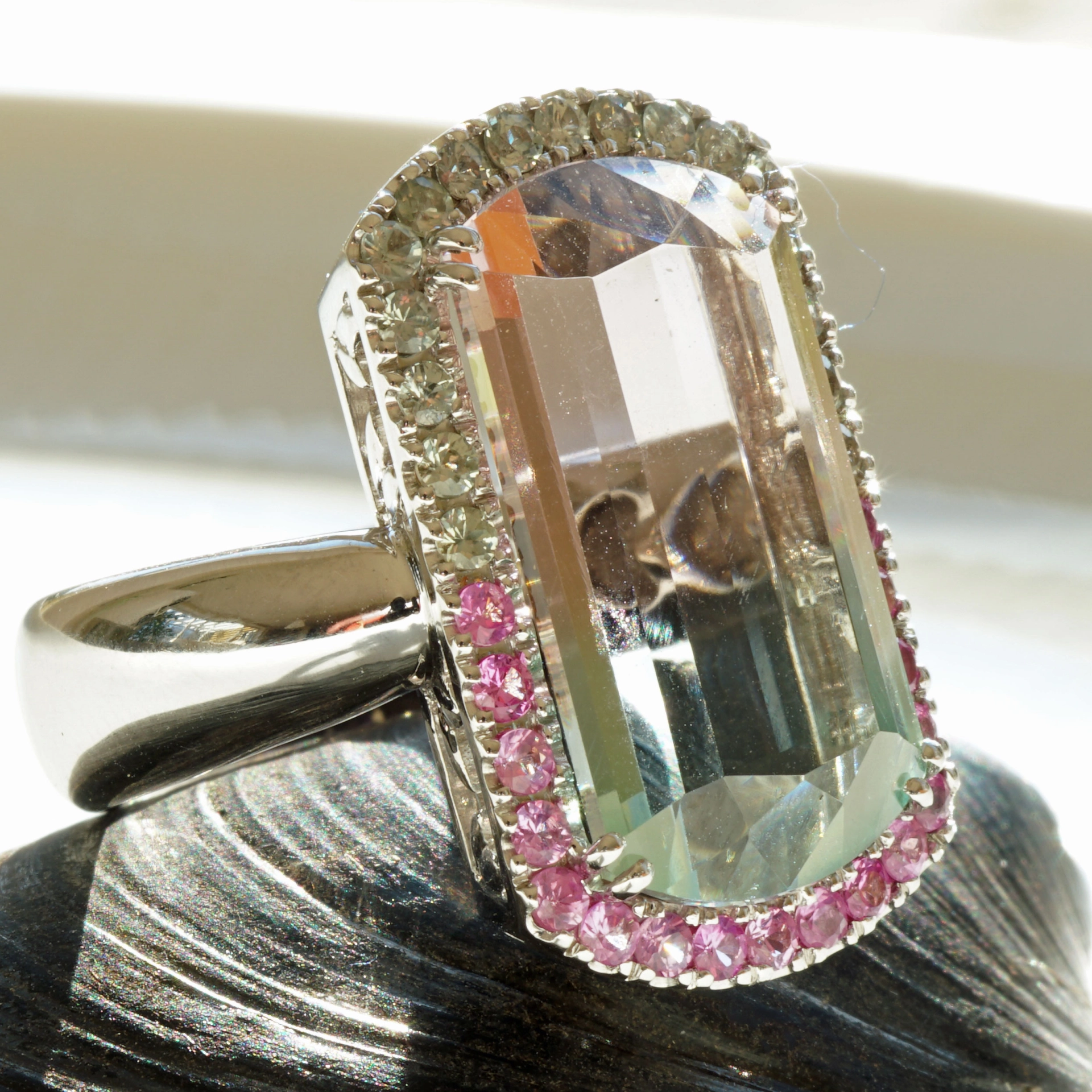 Turmalin Saphir Ring BICOLOR 18 kt Weissgold Afghanistan baby pink blue 14.85 ct