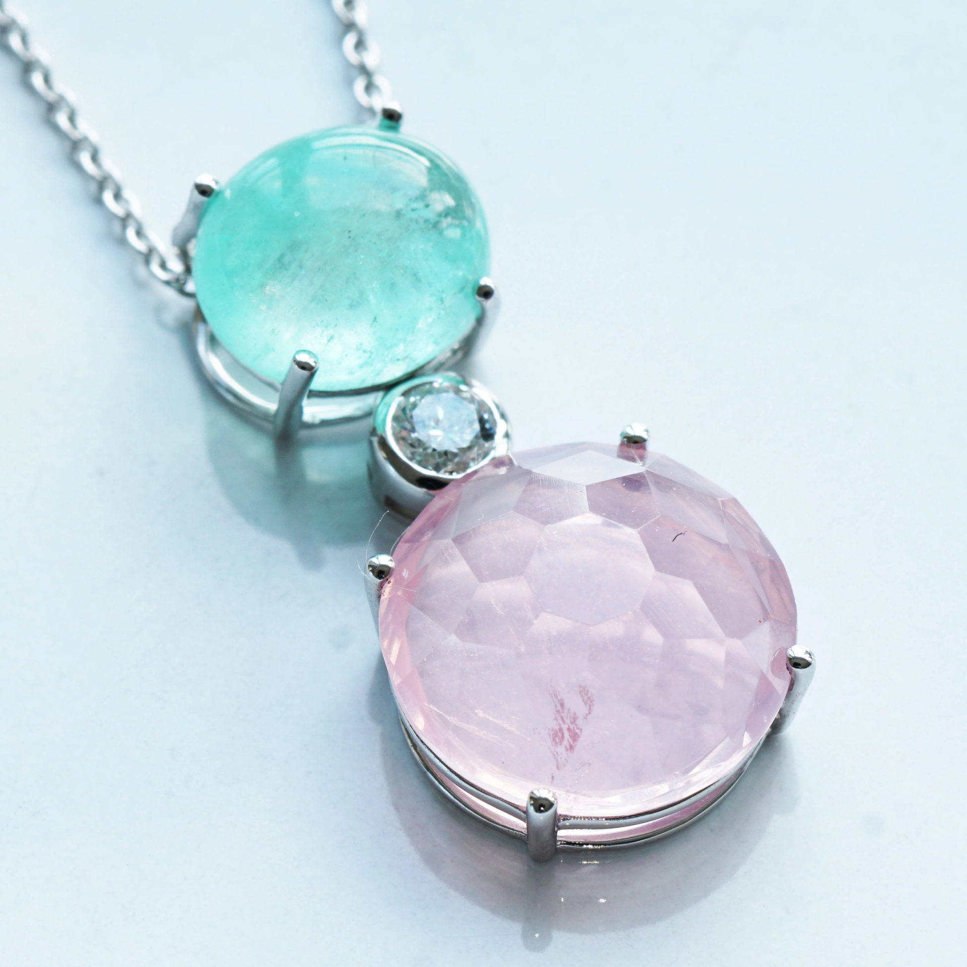 Smaragd Rosenquarz Brillant Anhänger mit Kette 750er Weissgold ...romantic story