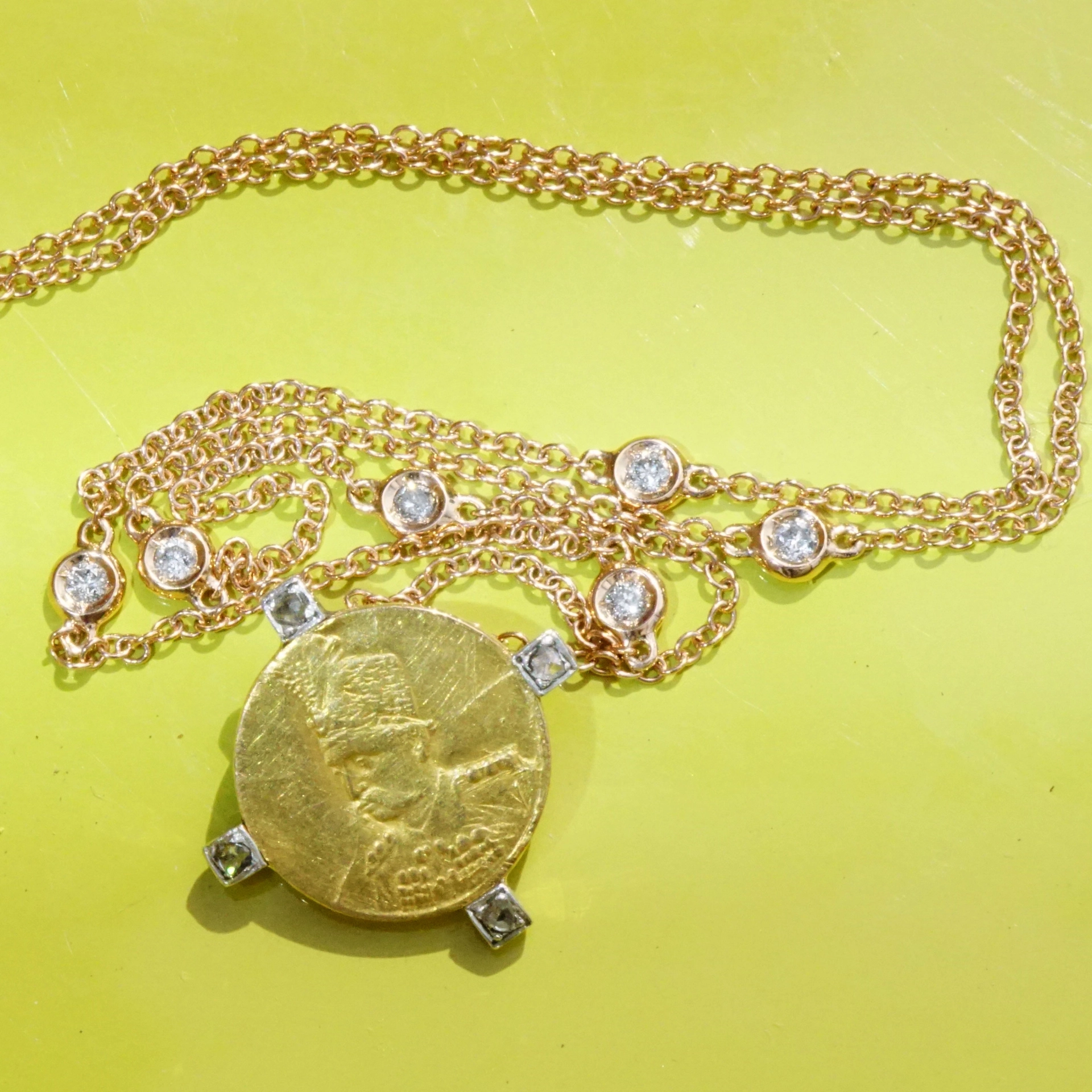 Münz Diamant Anhänger 916er 750er Rosegold wohl Persien Mozaffar Shah 1853-1907