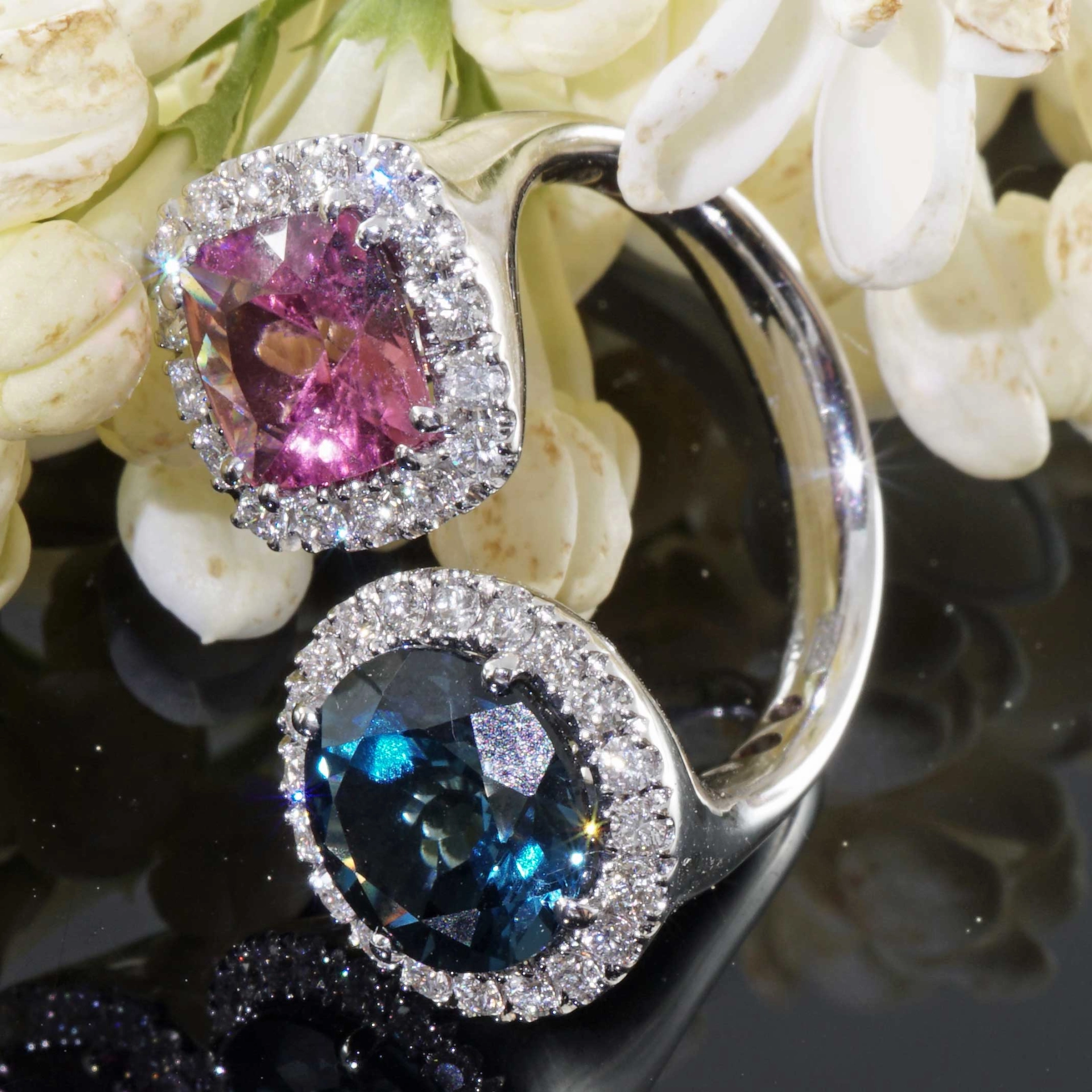 Rosa Turmalin Blautopas Brillant Ring 750er Weissgold 1.41 ct 3.38 ct 0.56 ct...Zwillingsring