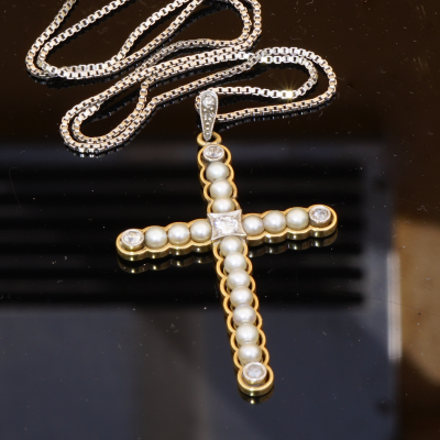 Antikschmuck Kreuz Perl Brillant Anhänger mit Kette 585er Weissgold Gelbgold um 1900