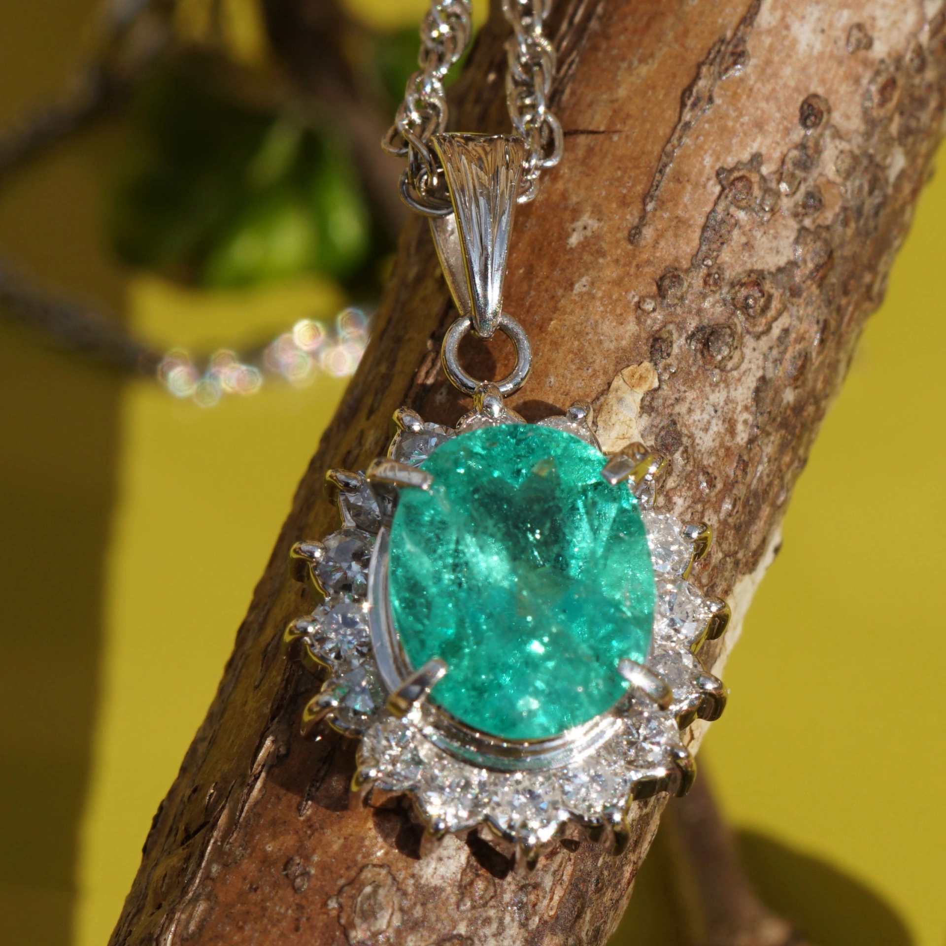 Smaragd Brillant Anhänger m. Kette 1.74 ct 0.50 ct AAA+ 900er Platin Kolumbien