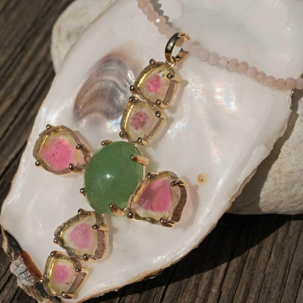 Anhänger Kreuz Wassermelonen Turmalin Jade 585er Gelbgold 10.20 ct 15.29 ct mit Kurzgutachten