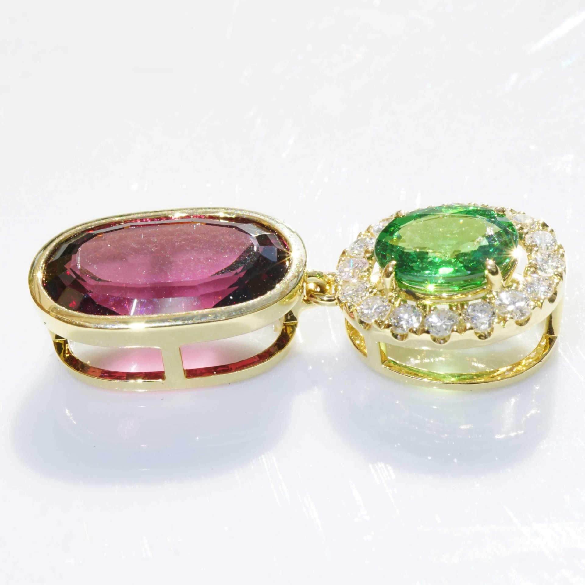 Tsavorith Rhodolith Brillant Anhänger 750er Gelbgold pink-grün.....farbengewaltiges Granat Duett