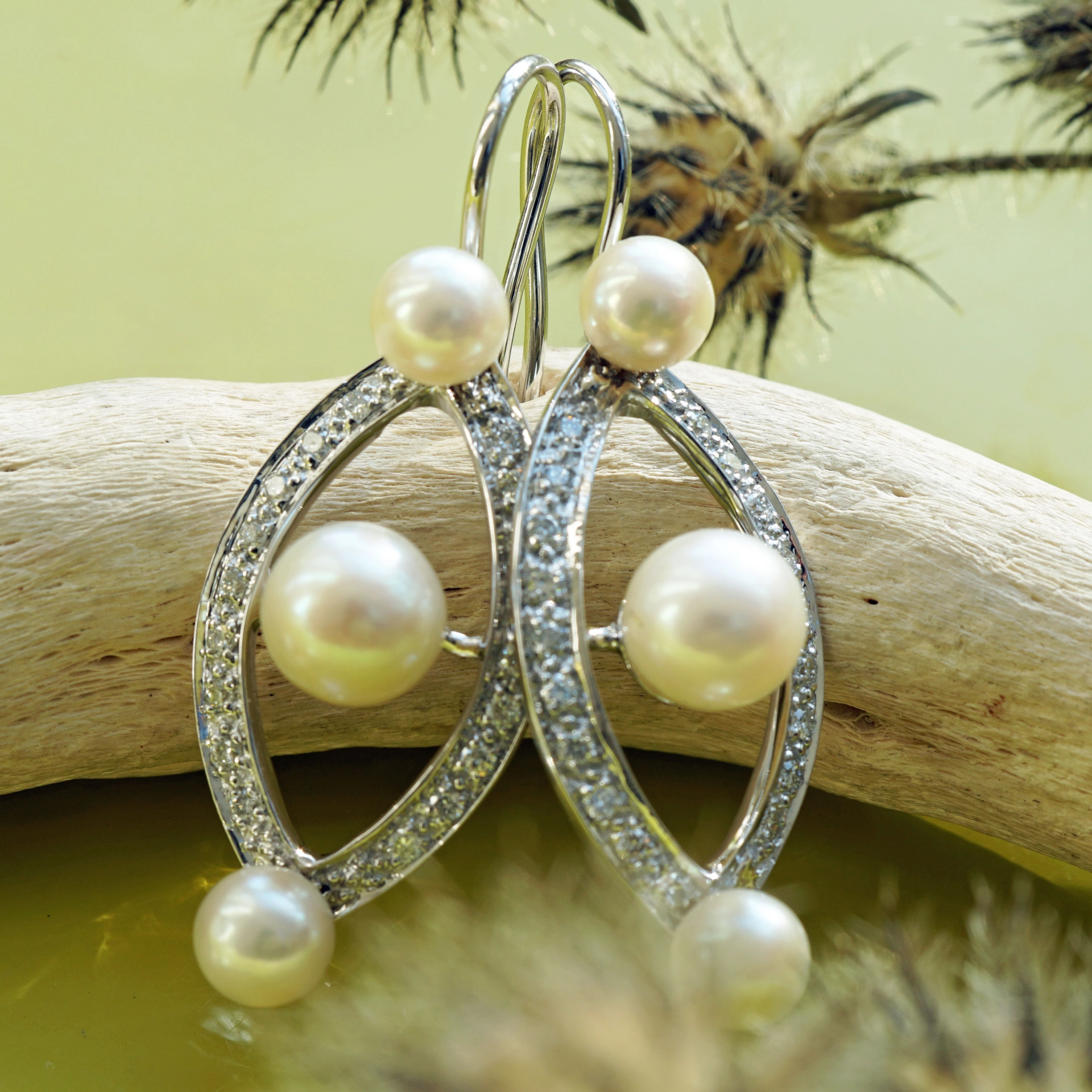 Brillant Perl Ohrhänger 750er Weissgold Ellipse Rivoire 0.44 ct W VS 40 x 14 mm