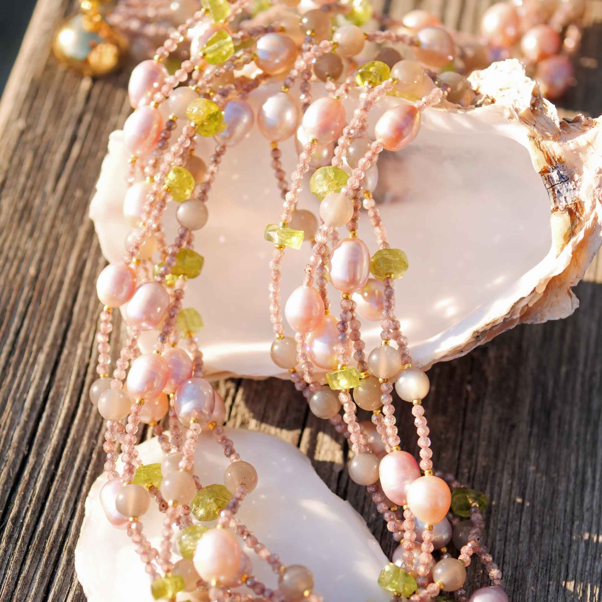 Turmalin Peridot Mondstein Perl Collier mit Magnetschliesse in vergoldet 49,5 cm 7-reihig 