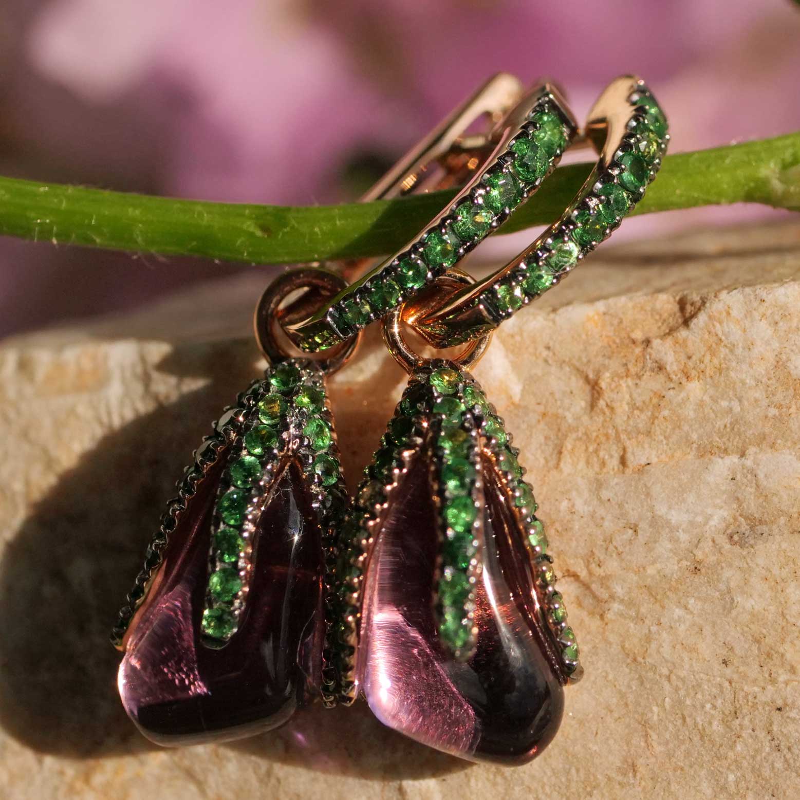 Amethyst Tsavorith Ohrhänger 750er Rosegold ausgefallen besonders 5.5 ct 0.79 ct 