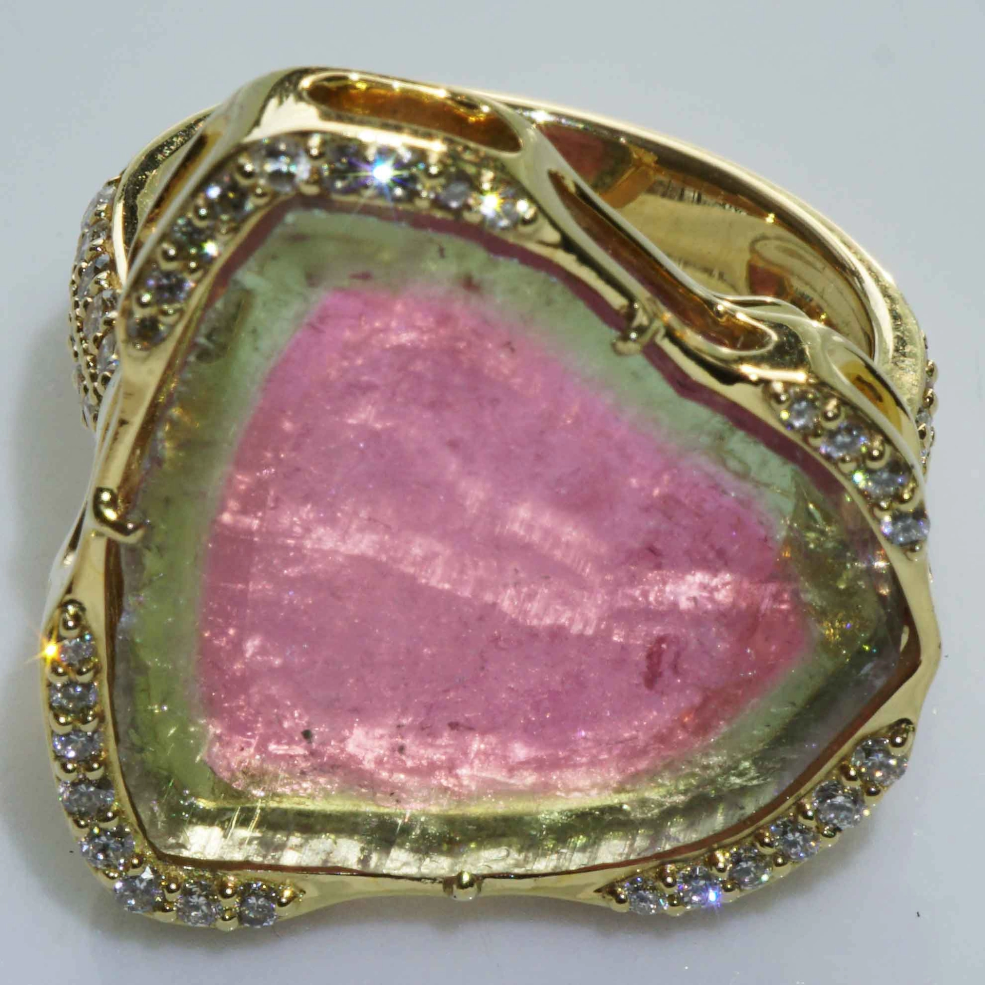 Turmalin Brillant 30 ct Wassermelonen Set Ring Anhänger Ohrhänger 750er Gelbgold