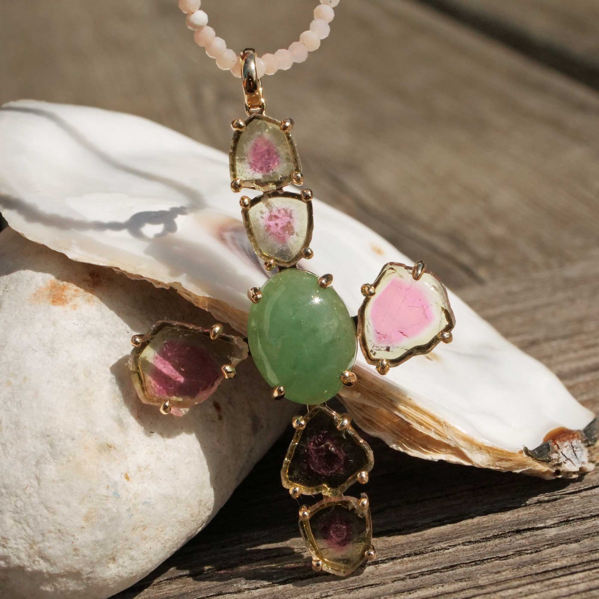 Anhänger Kreuz Wassermelonen Turmalin Jade 585er Gelbgold 10.20 ct 15.29 ct mit Kurzgutachten