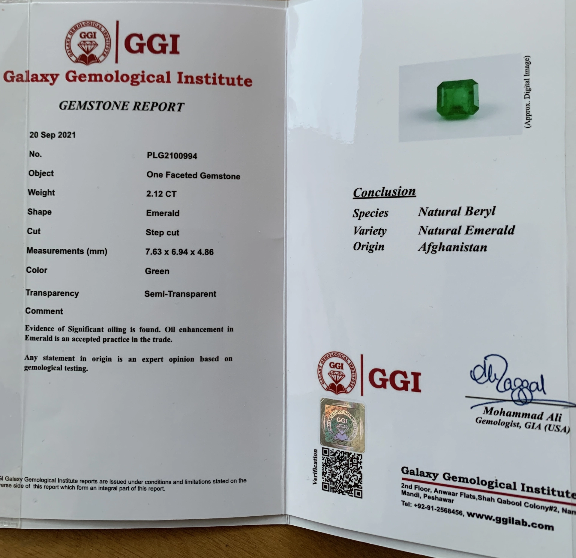 Smaragd Brillant Anhänger mit Kette 750er Weissgold 2.13 ct Panjshir/Afghanistan