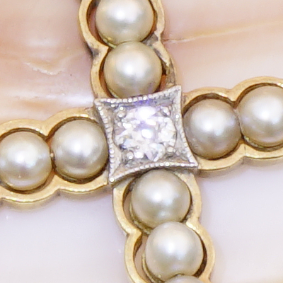 Antikschmuck Kreuz Perl Brillant Anhänger mit Kette 585er Weissgold Gelbgold um 1900