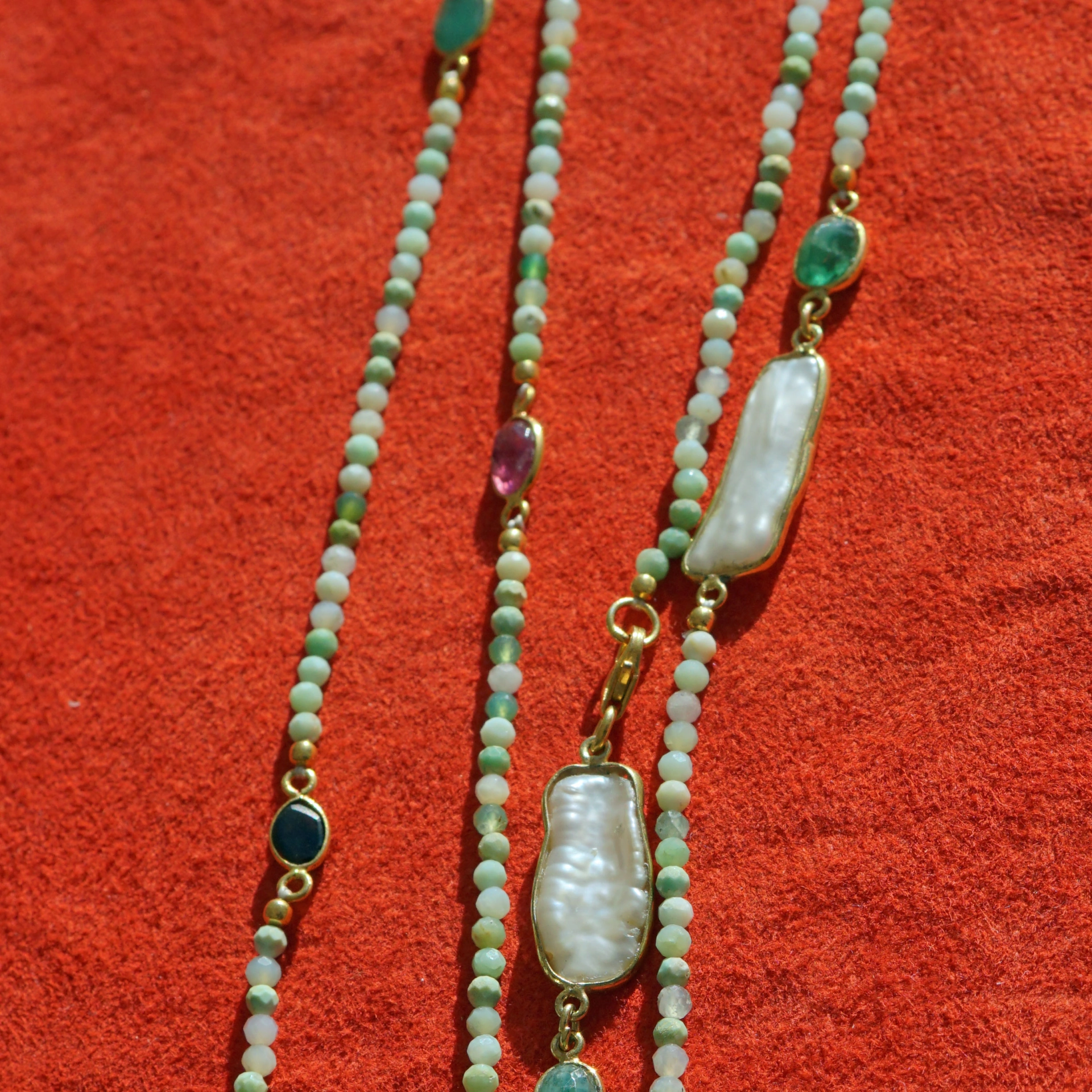 Turmalin Smaragd Biwaperl Kette 90 cm lang Silber vergoldet Karabinerschliesse COOL